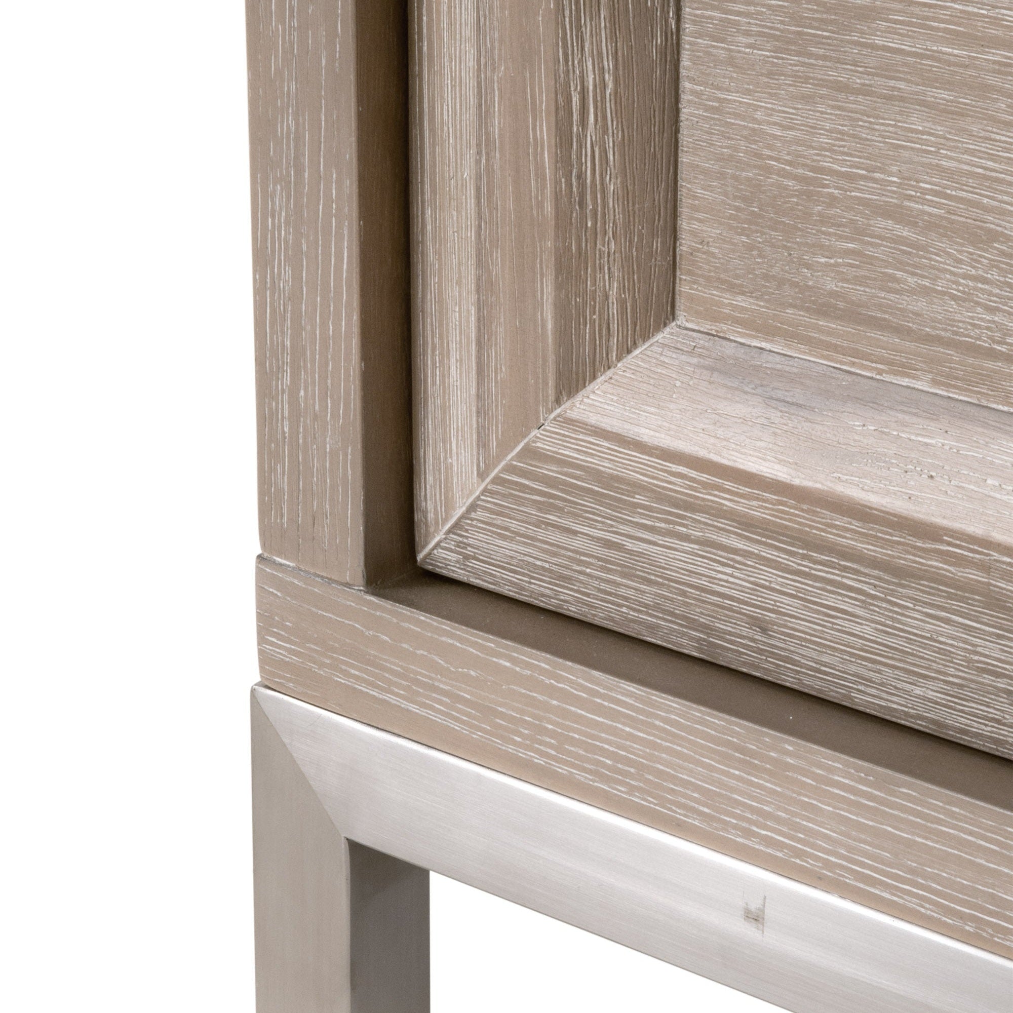 Close-up of natural gray acacia wood and brushed steel base on Azure Carrera 6-Drawer Double Dresser by Essentials for Living