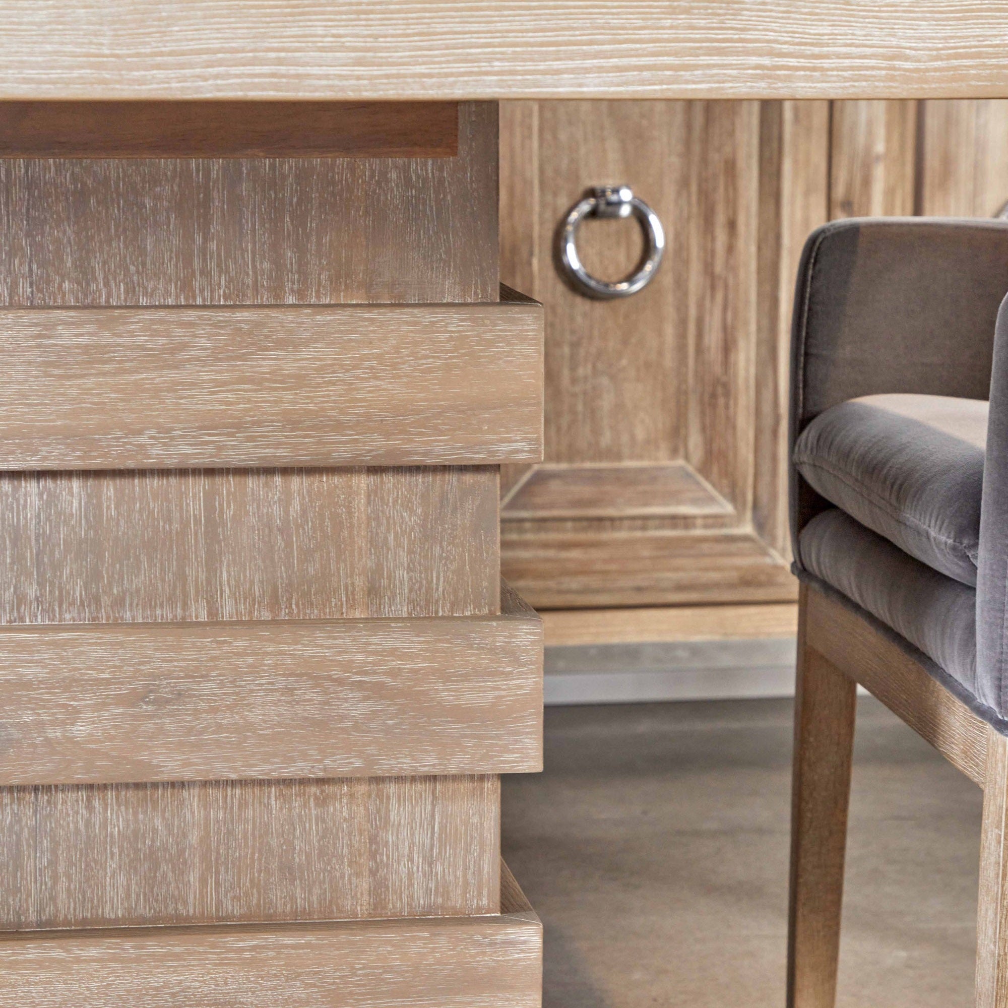Close-up of natural wood grain texture and brushed gold ring pull on Azure Carrera Media Sideboard by Essentials for Living