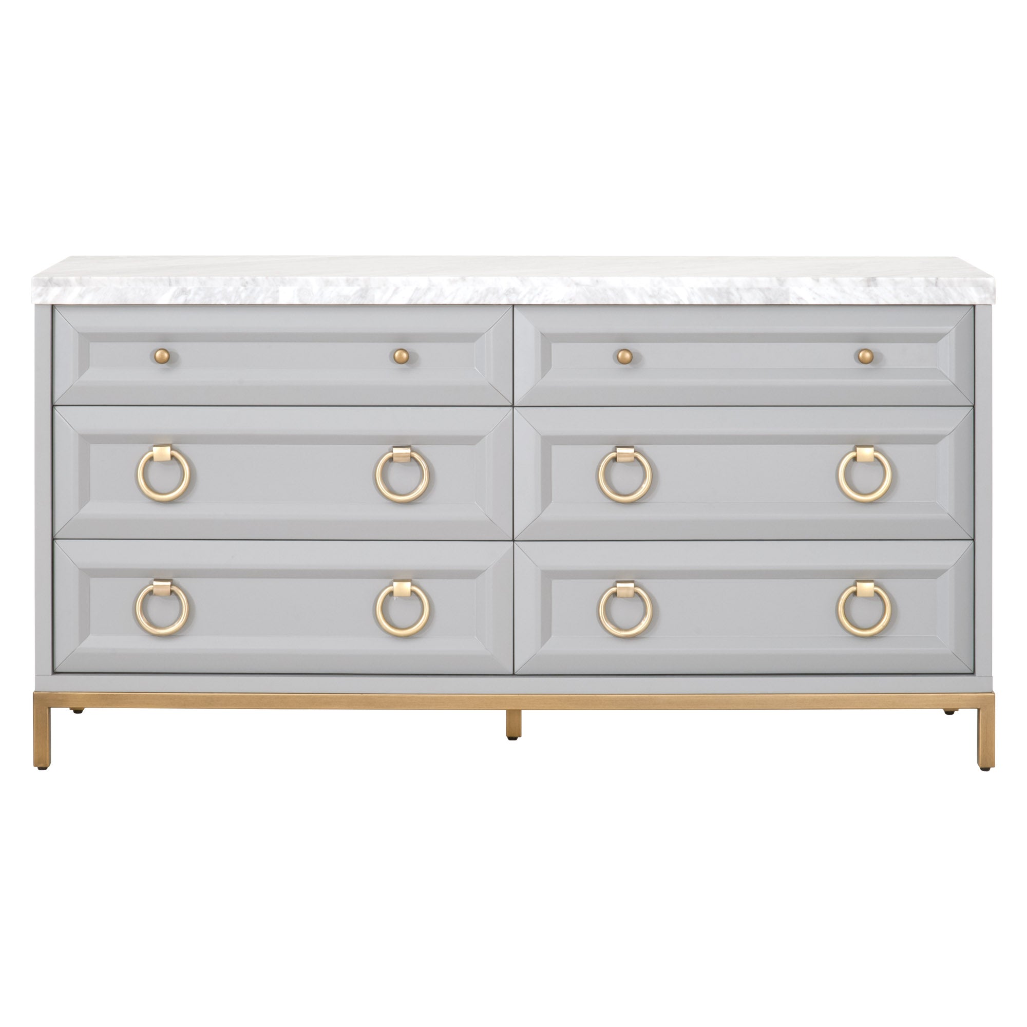 Azure Carrera 6-Drawer Double Dresser in natural gray acacia with Italian marble top and brushed steel by Essentials for Living