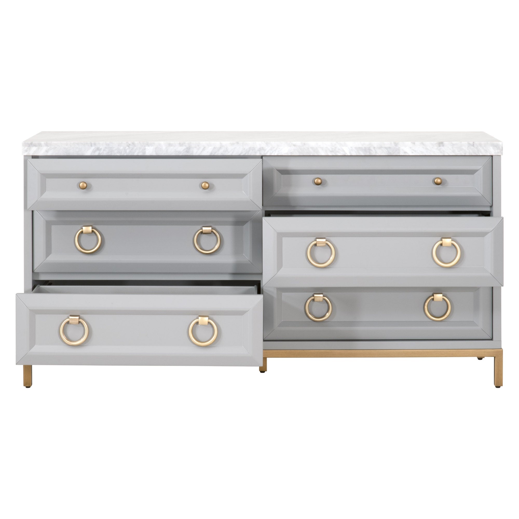 Azure Carrera 6-Drawer Double Dresser in natural gray acacia with marble top and brushed steel accents by Essentials for Living