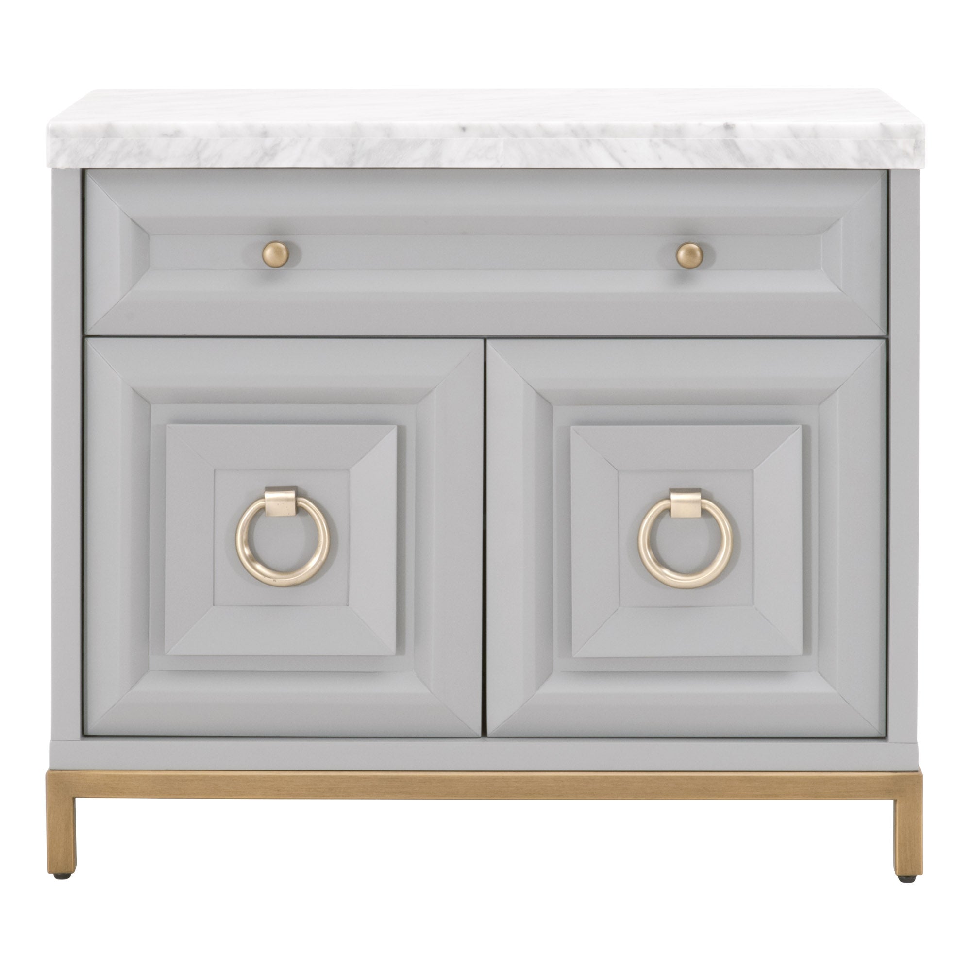 Azure Carrera Media Chest with Italian Carrera marble top and brushed gold accents in dove gray lacquer by Essentials for Living
