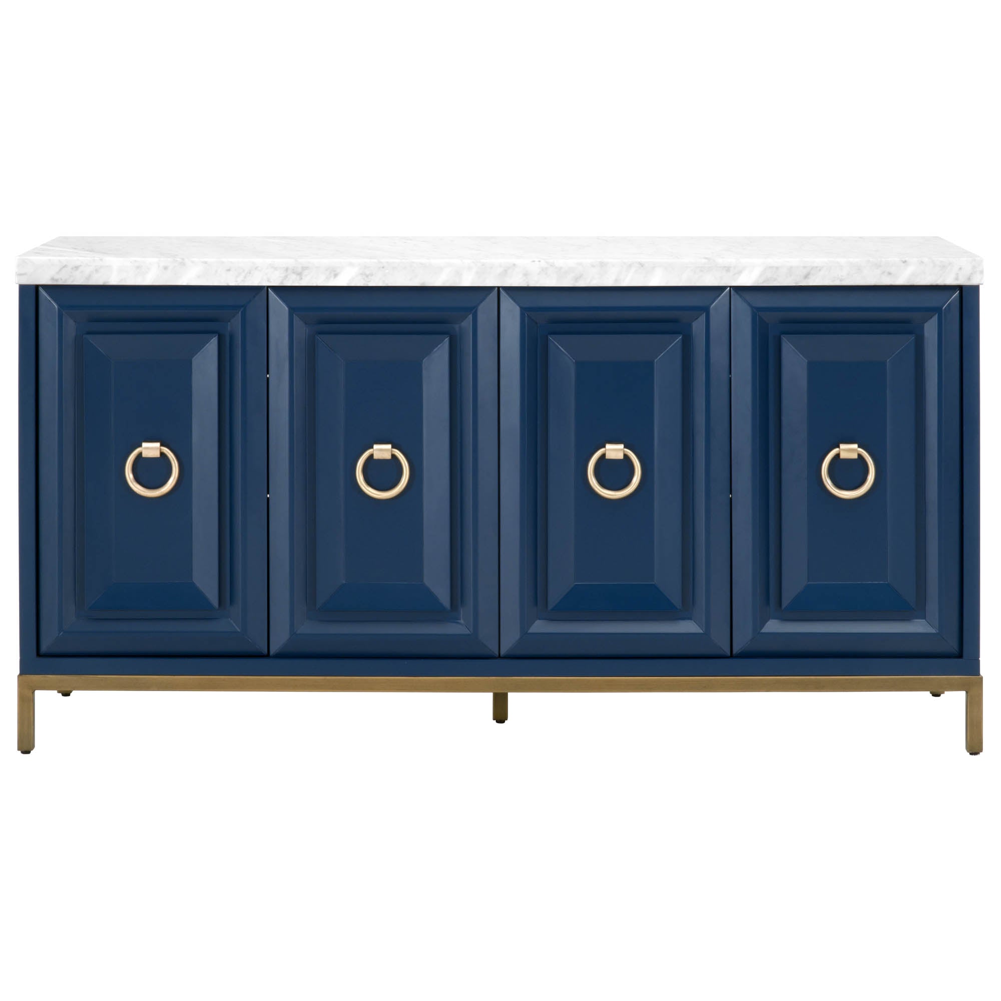 Azure Carrera Media Sideboard with navy lacquer, Italian Carrera marble top, and brushed gold details by Essentials for Living