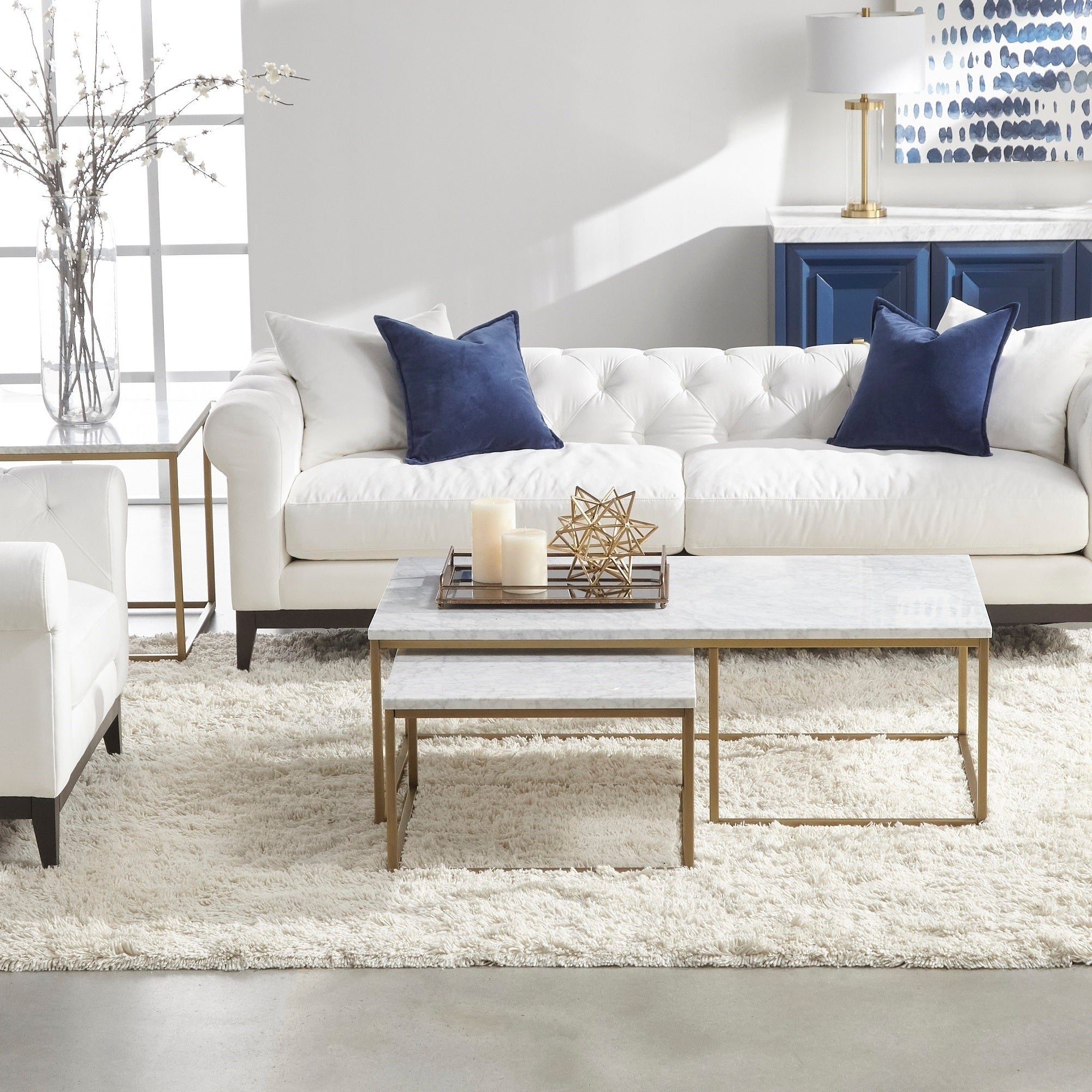 Azure Carrera Media Sideboard with navy lacquer, Italian Carrera marble top, and brushed gold accents by Essentials for Living