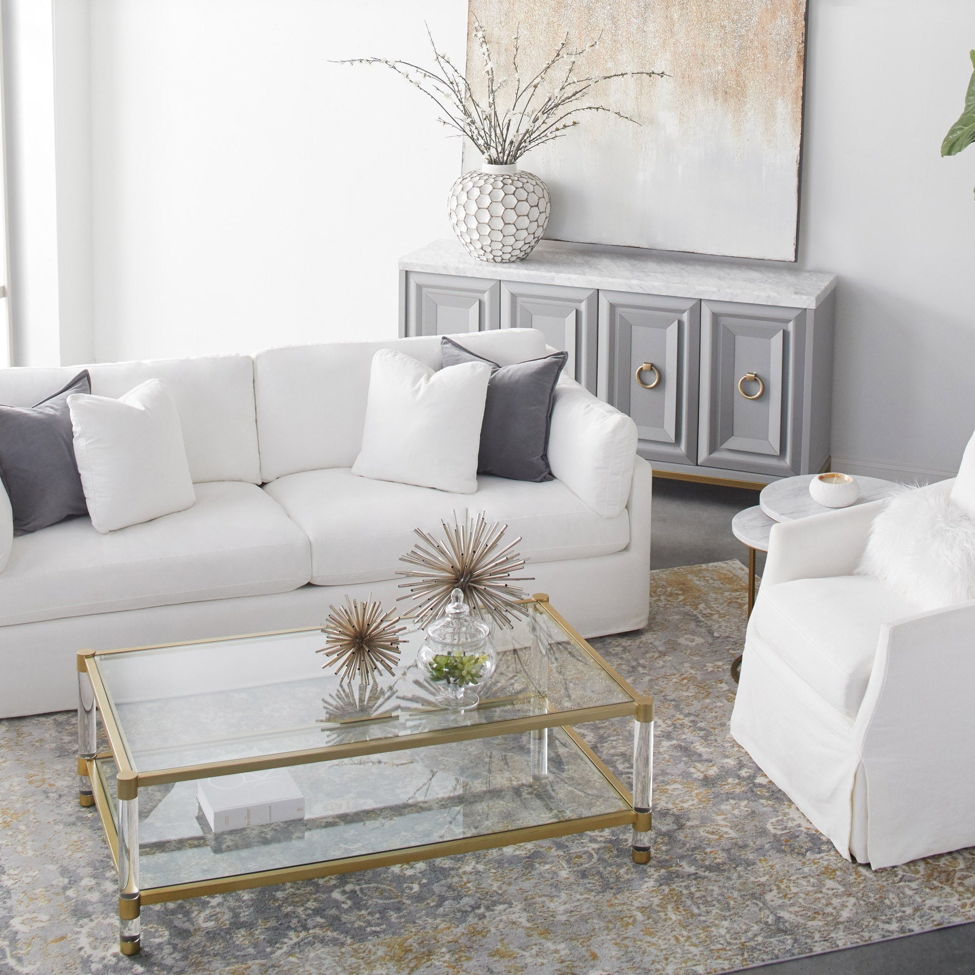 Azure Carrera Media Sideboard with navy lacquer, Italian marble top, and brushed gold accents by Essentials for Living