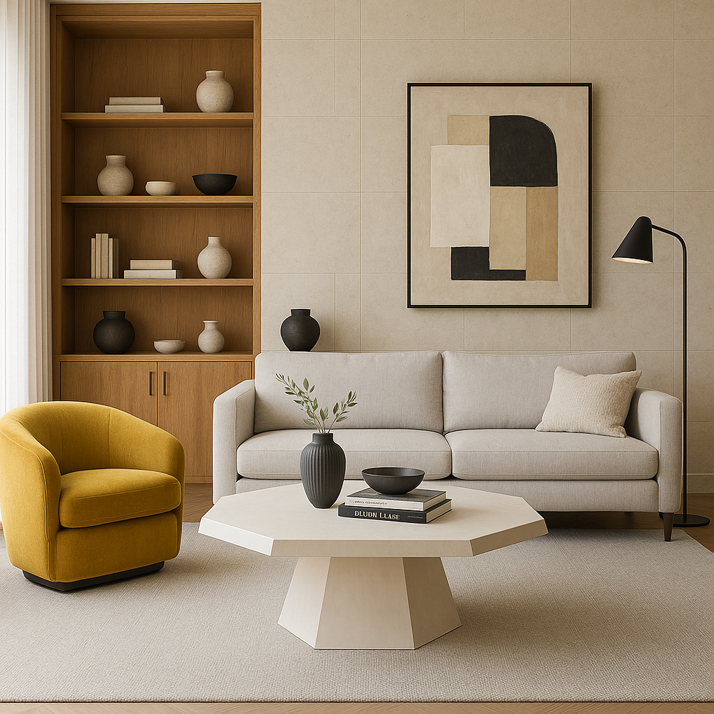 BENTON COFFEE TABLE in whitewashed maple veneer with sculptural design in modern living room by GO HOME