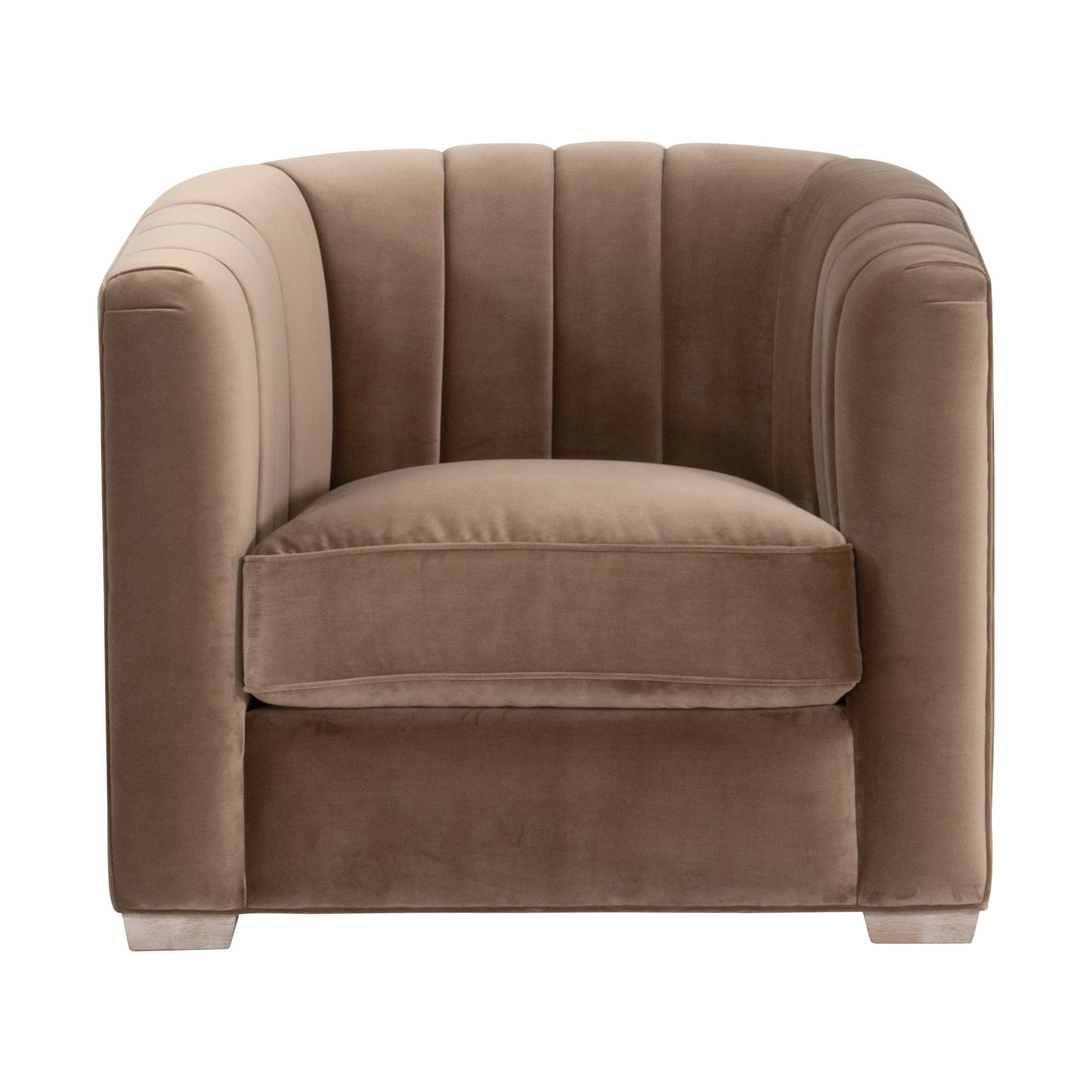 Bronx Channel Back Sofa Chair in caramel velvet with vertical channel stitching and oak feet by Essentials for Living