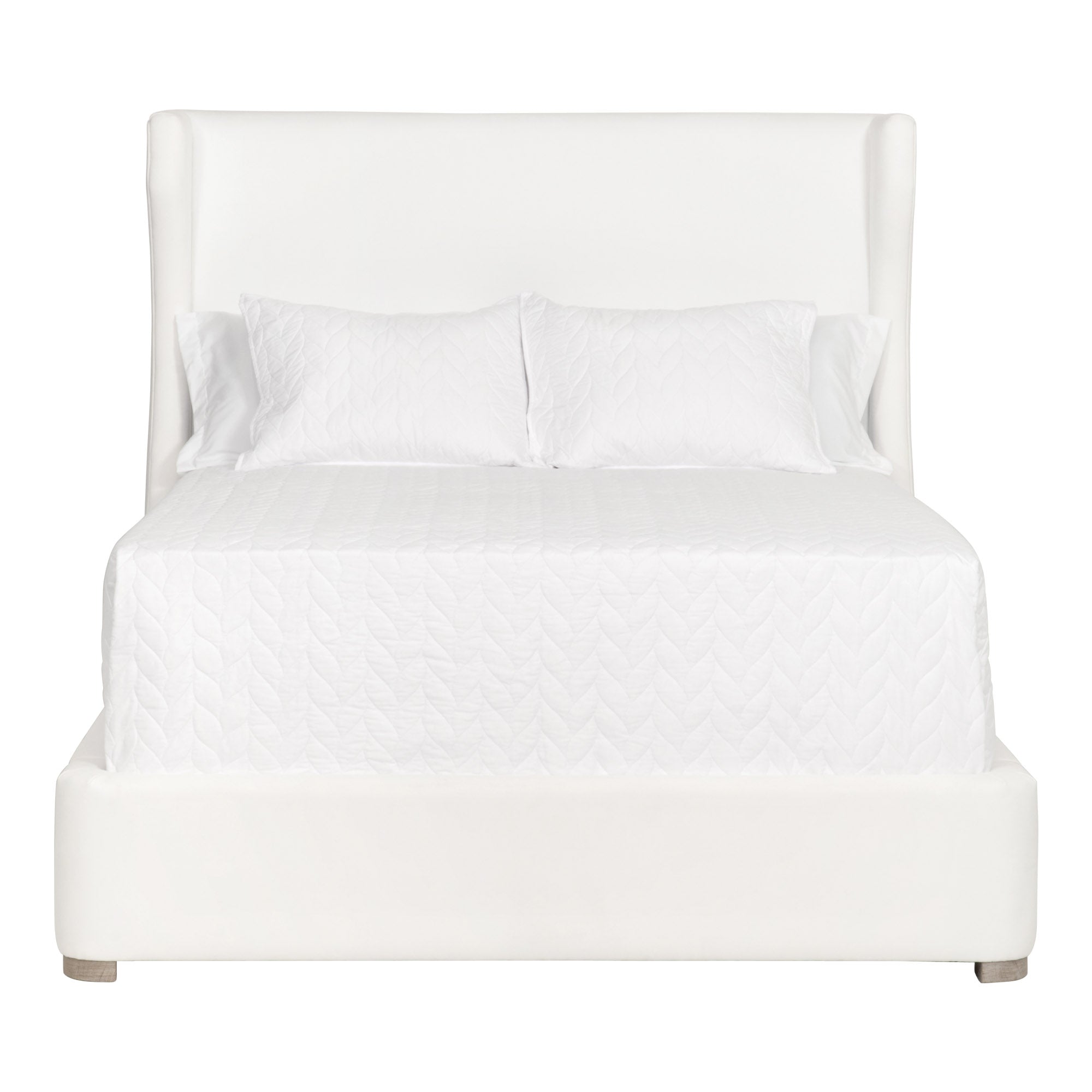 Balboa Cal King Bed with curved wingback headboard, upholstered in Peyton Pearl fabric by Essentials for Living