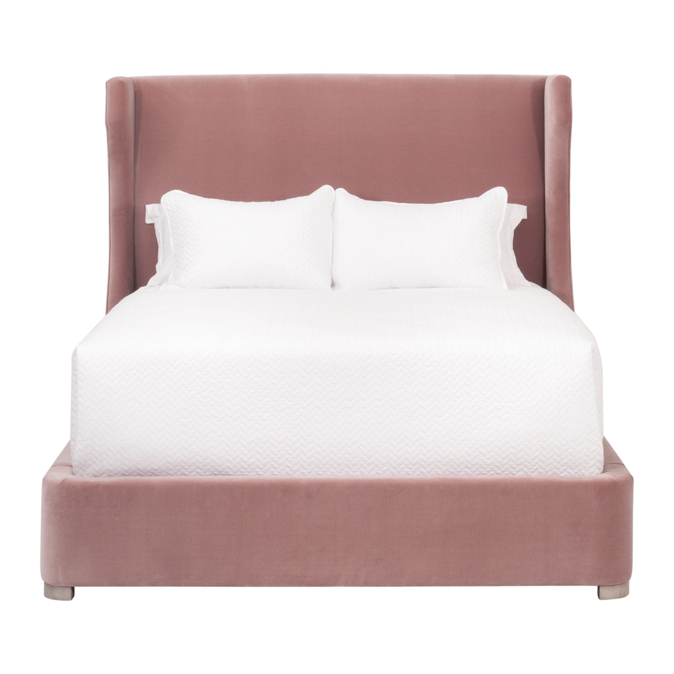 Balboa Queen Bed in pink velvet upholstery with wingback headboard by Essentials for Living