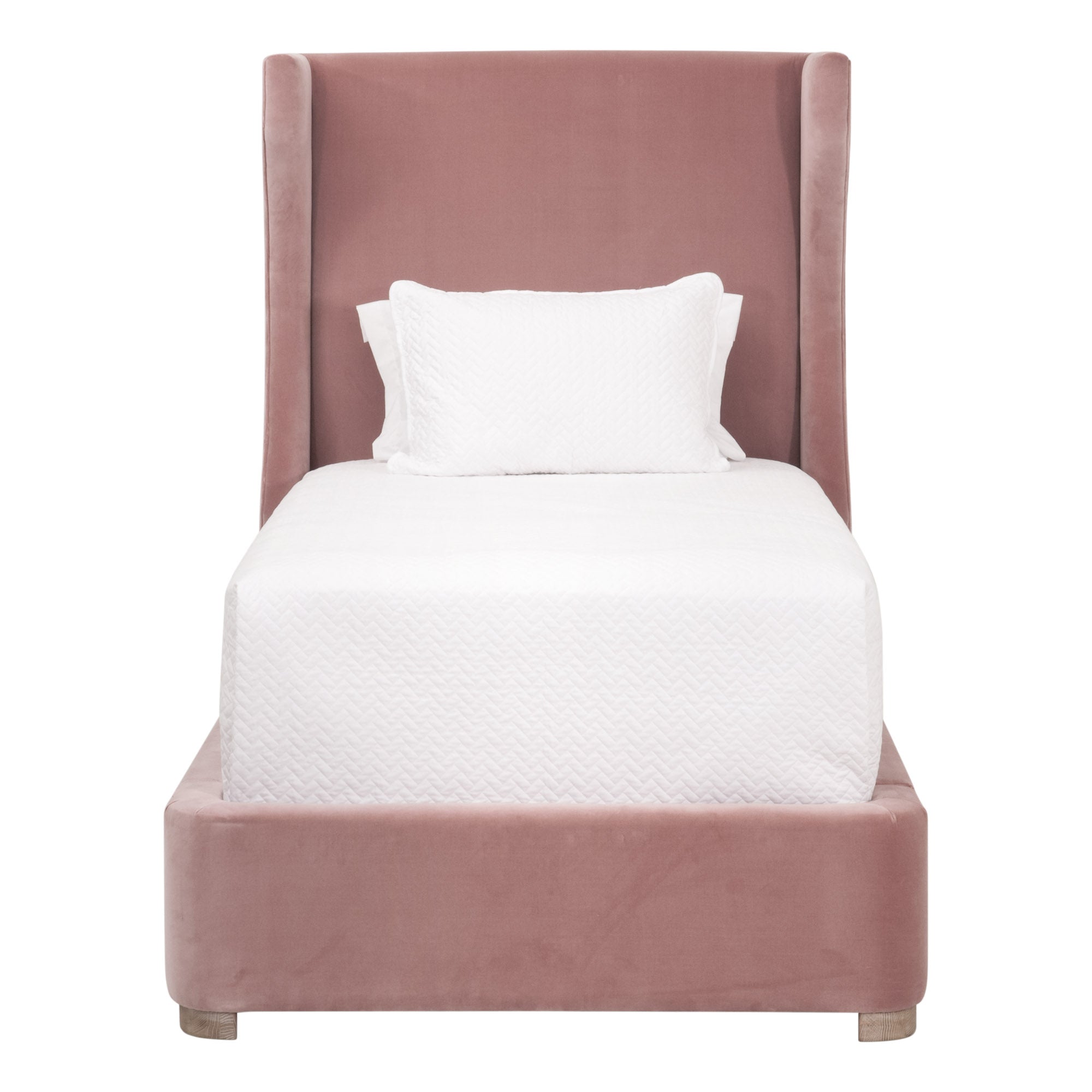 Balboa Twin Bed in Petal Velvet with wingback headboard and natural gray oak feet by Essentials for Living