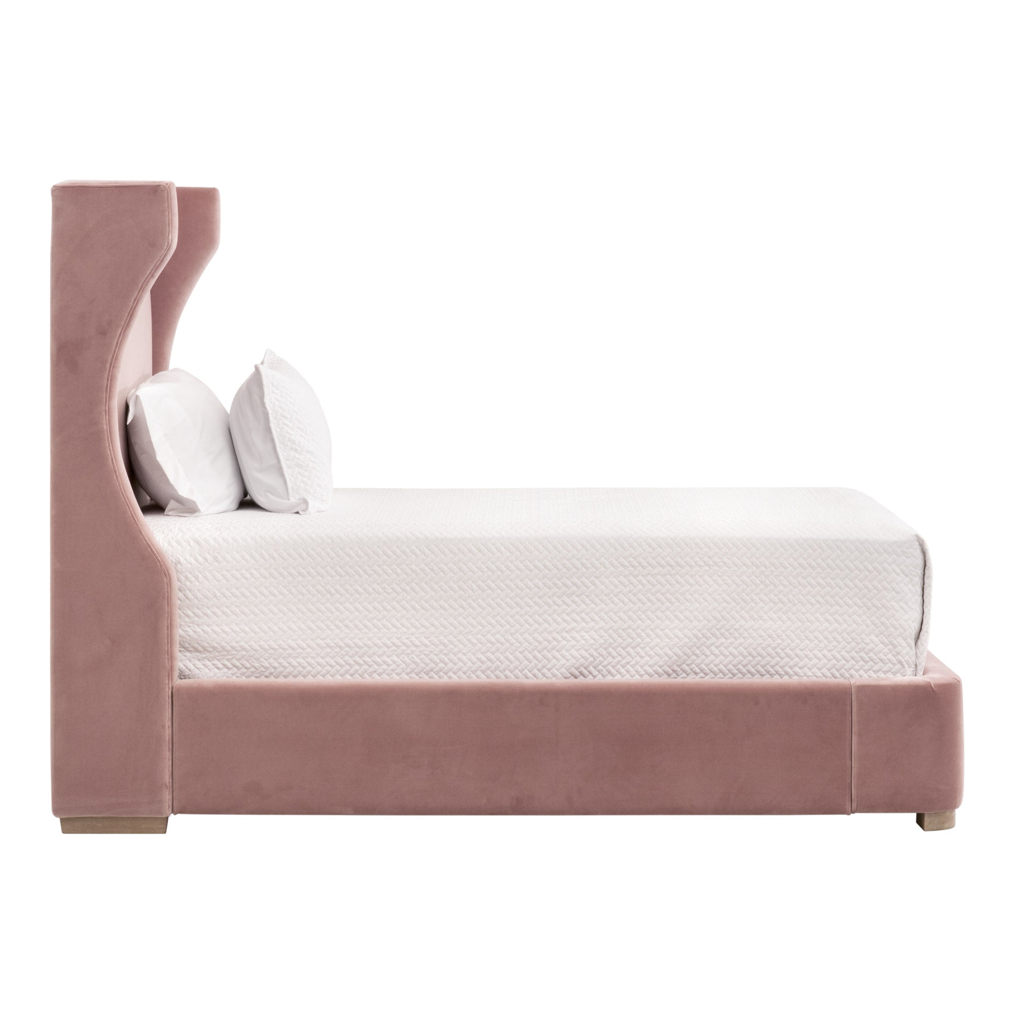 Side view of Balboa Twin Bed upholstered in soft Petal Velvet with natural gray oak feet by Essentials For Living