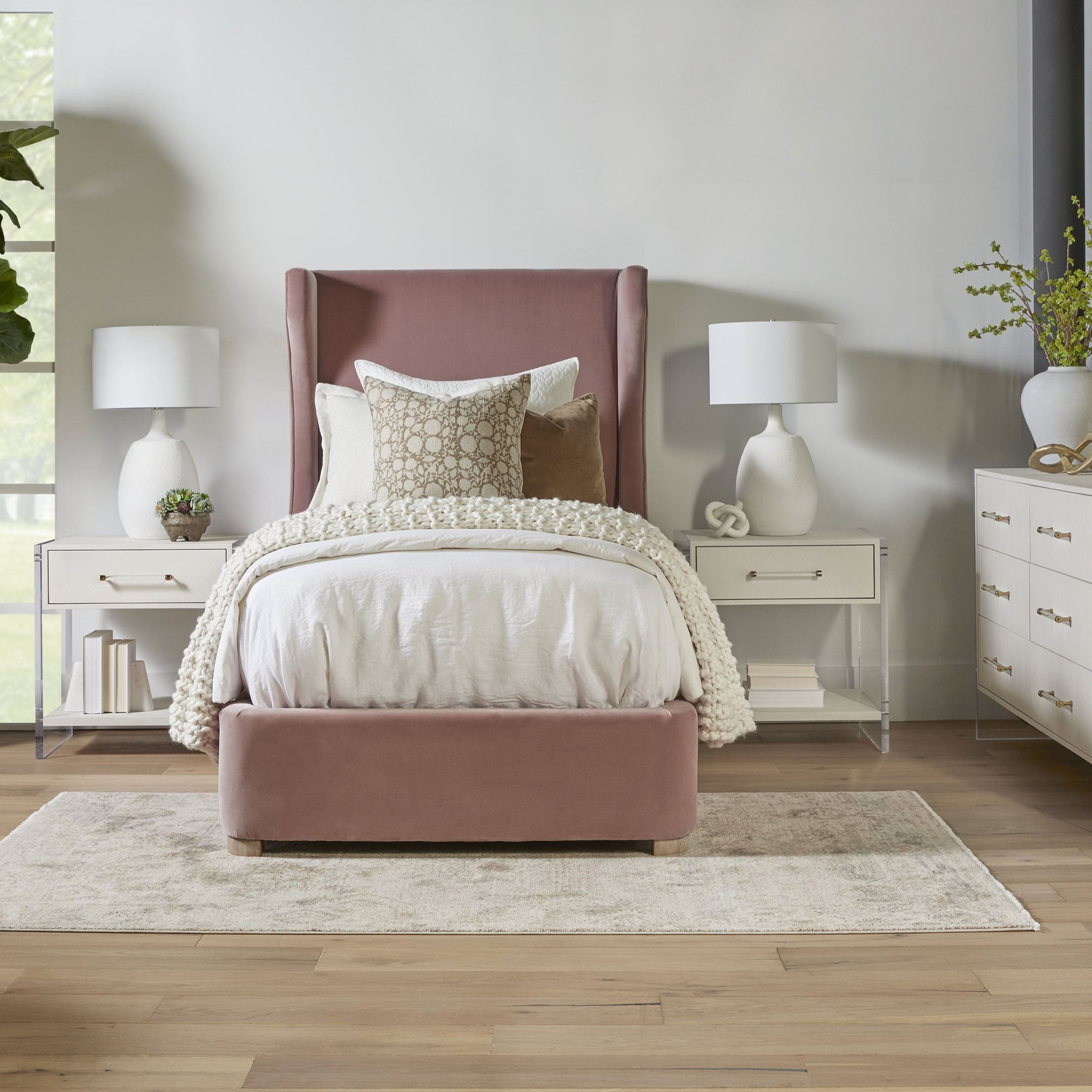 Balboa Twin Bed in Petal Velvet with wingback headboard and gray oak feet by Essentials for Living