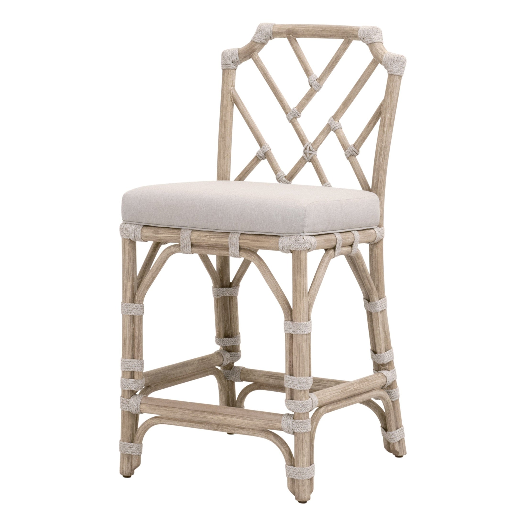 Bayview Counter Stool with taupe and white rope, natural gray mahogany frame, and pumice cushion by Essentials For Living
