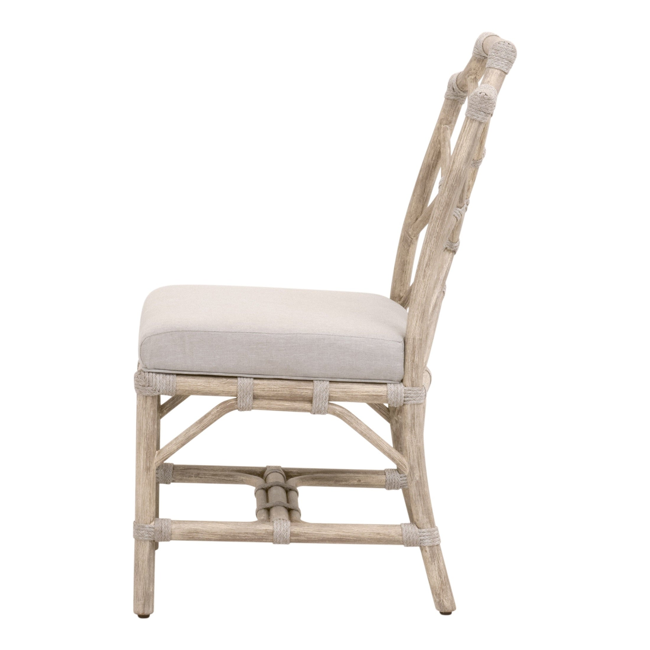 Side view of Bayview Dining Chair with taupe cushion and natural mahogany frame by Essentials for Living