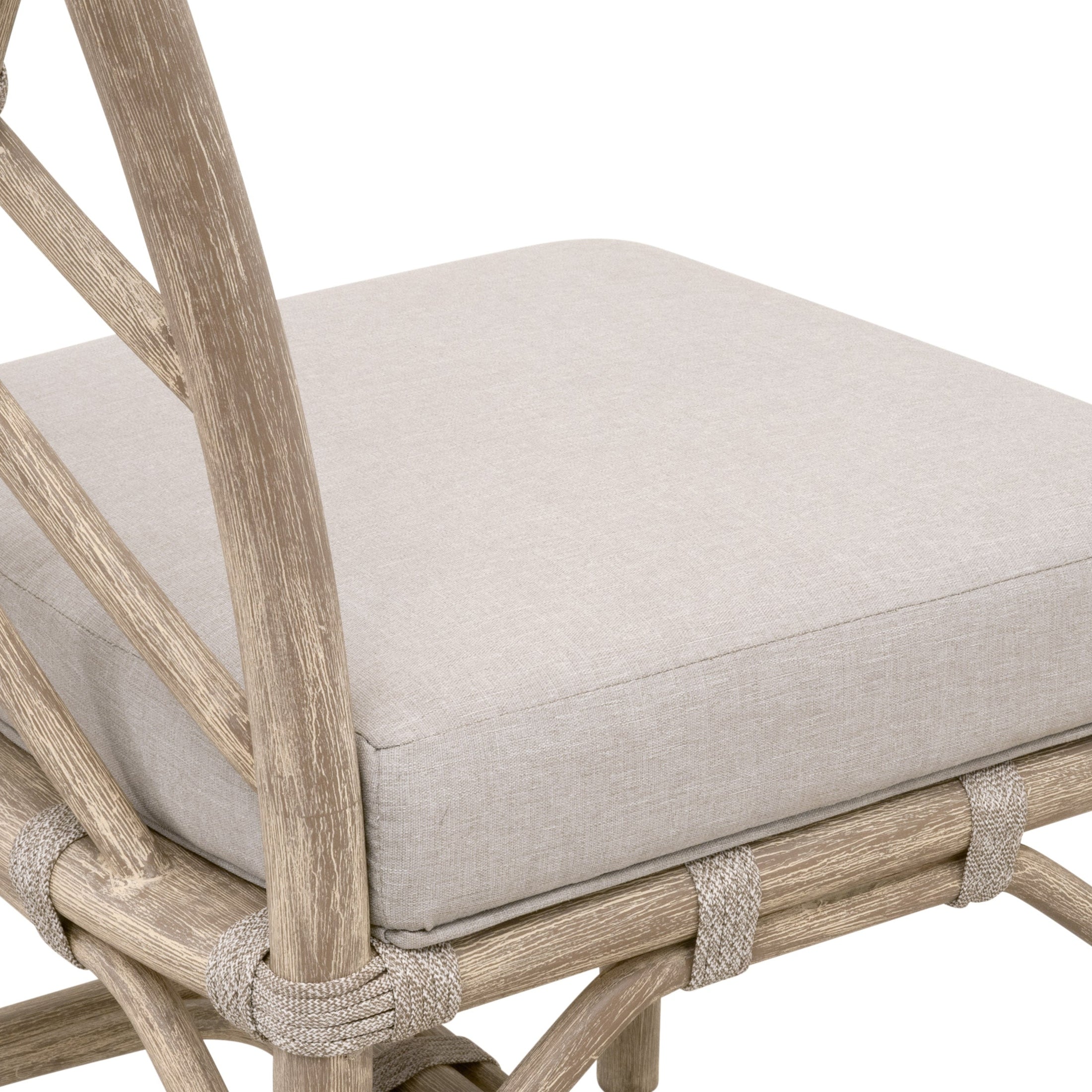 Close-up of Bayview Dining Chair seat with taupe cushion and natural mahogany frame by Essentials For Living