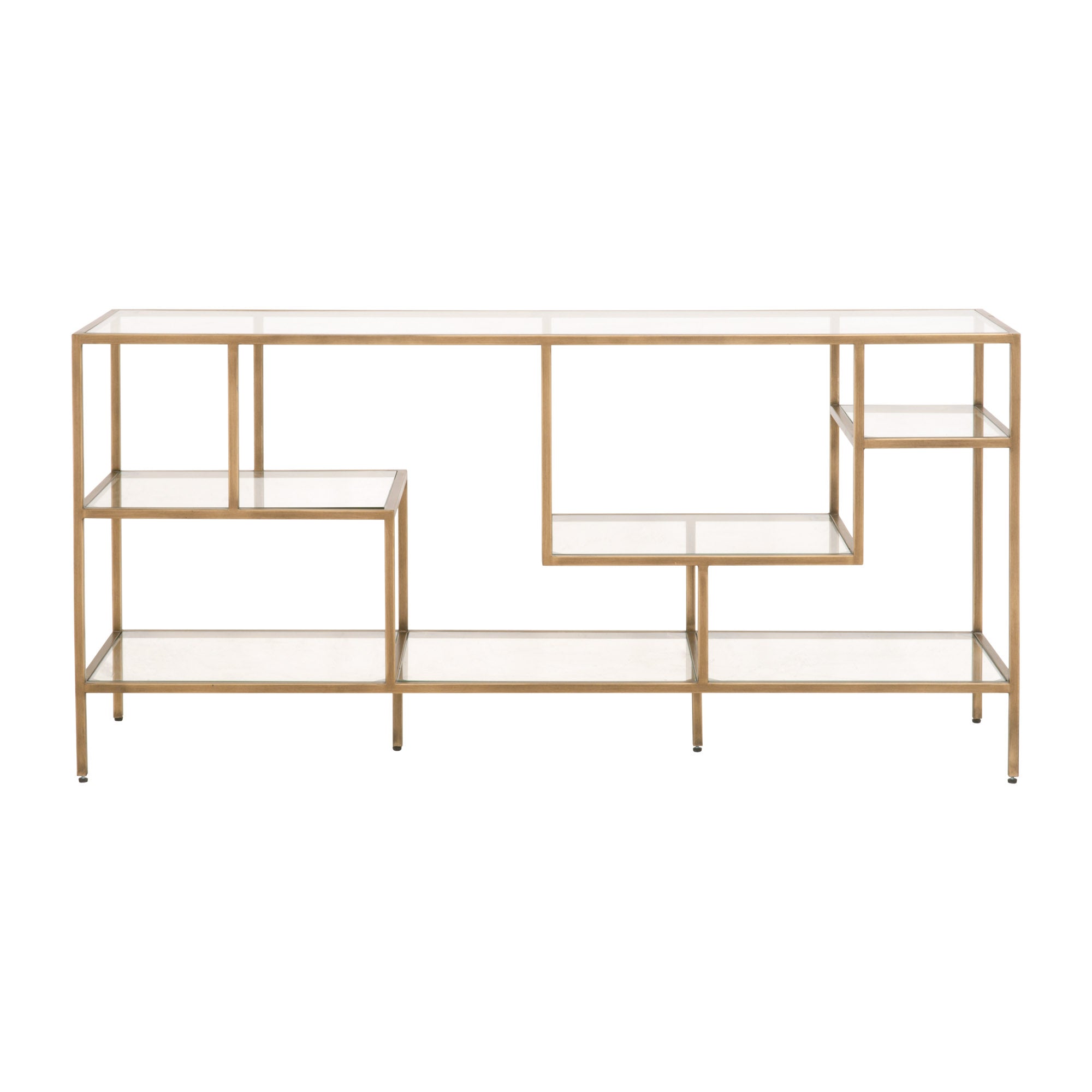 Beakman Low Bookcase with brass metal frame and glass shelves in geometric design by Essentials for Living