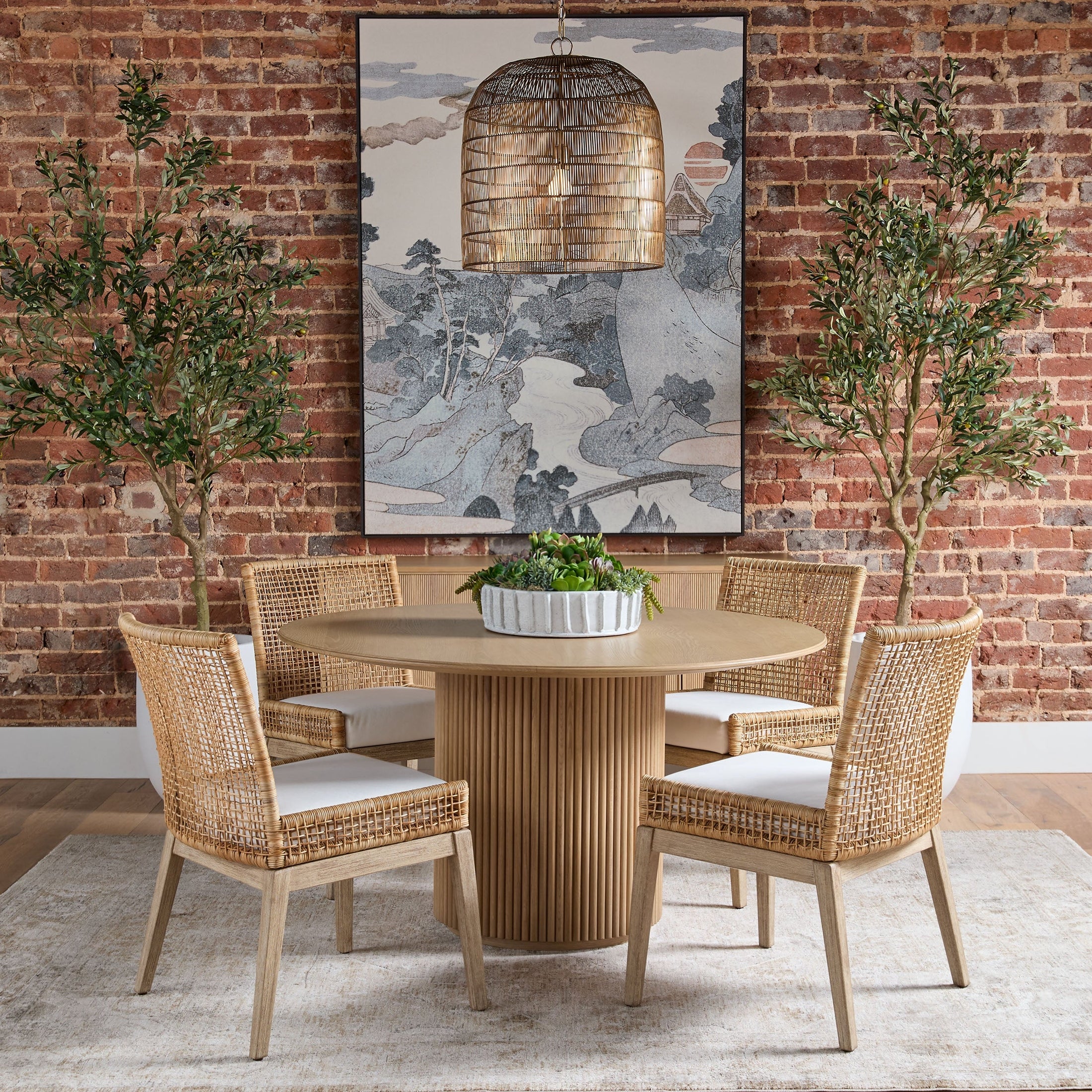 Belfast 54" Round Dining Table with fluted pedestal base in natural oak, modern design by Essentials for Living.