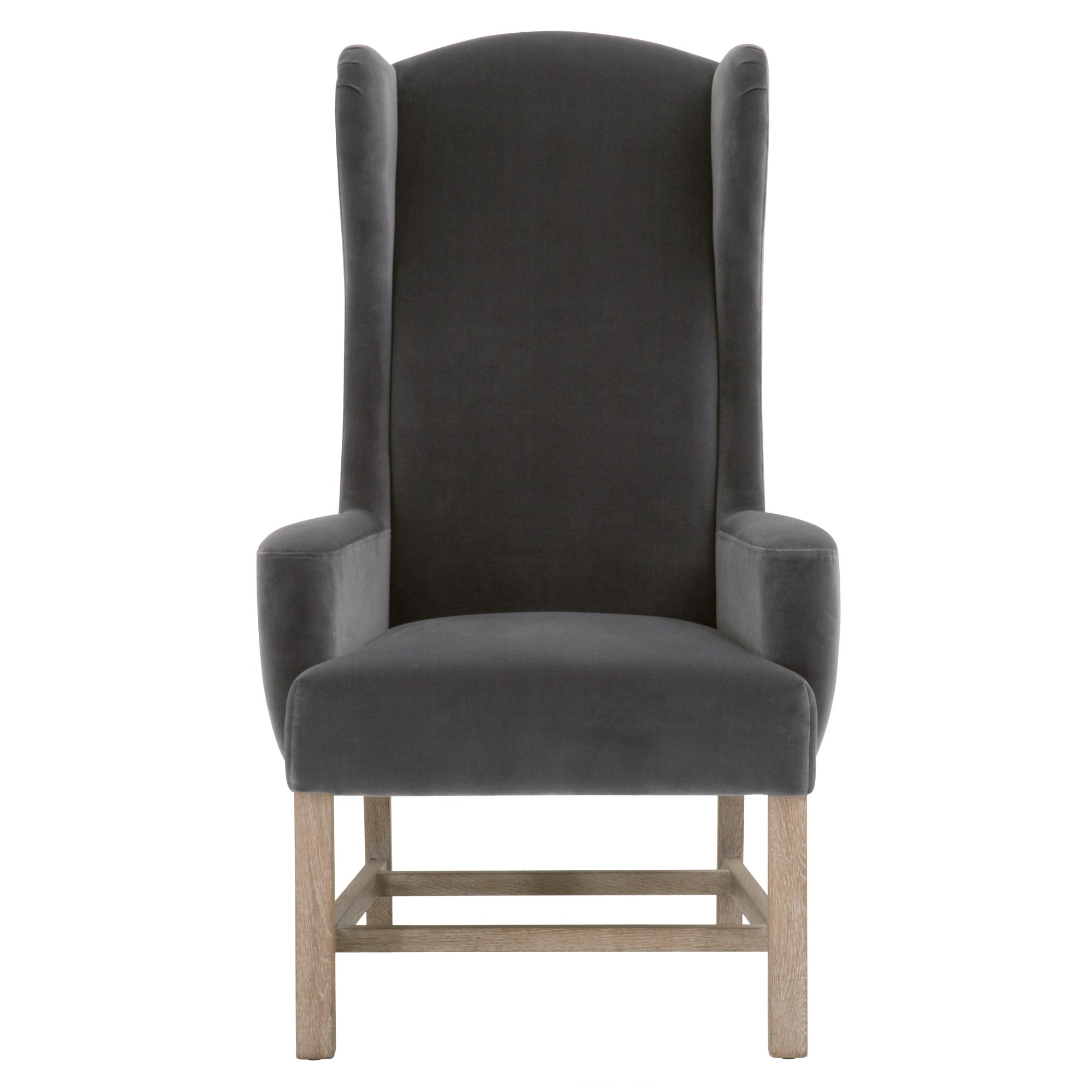 Bennett Arm Chair in dark gray velvet with wingback design and oak legs, classic style by Essentials for Living