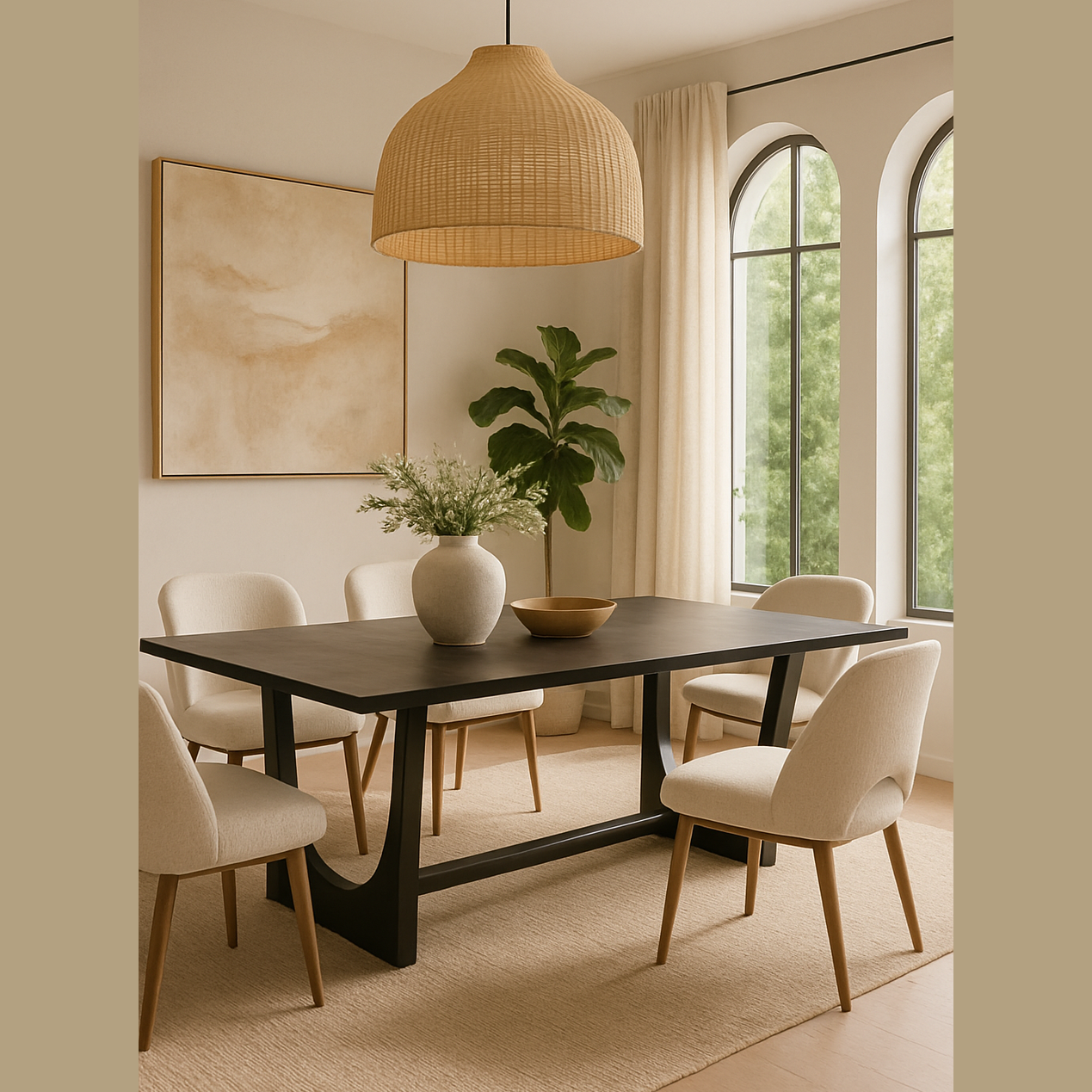 Blanco Dining Table in matte black solid wood in a modern dining room setting with beige chairs by GO HOME