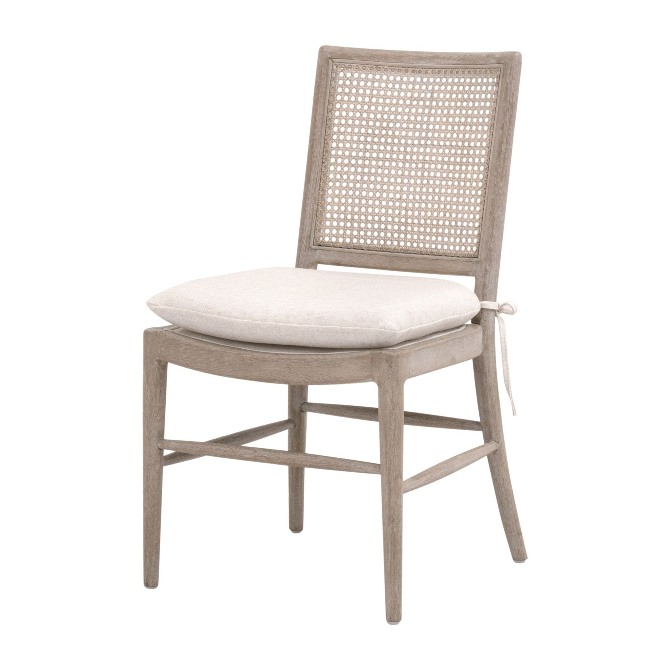 Blume Dining Chair with cane back and cream linen seat cushion in natural gray oak finish, Essentials for Living