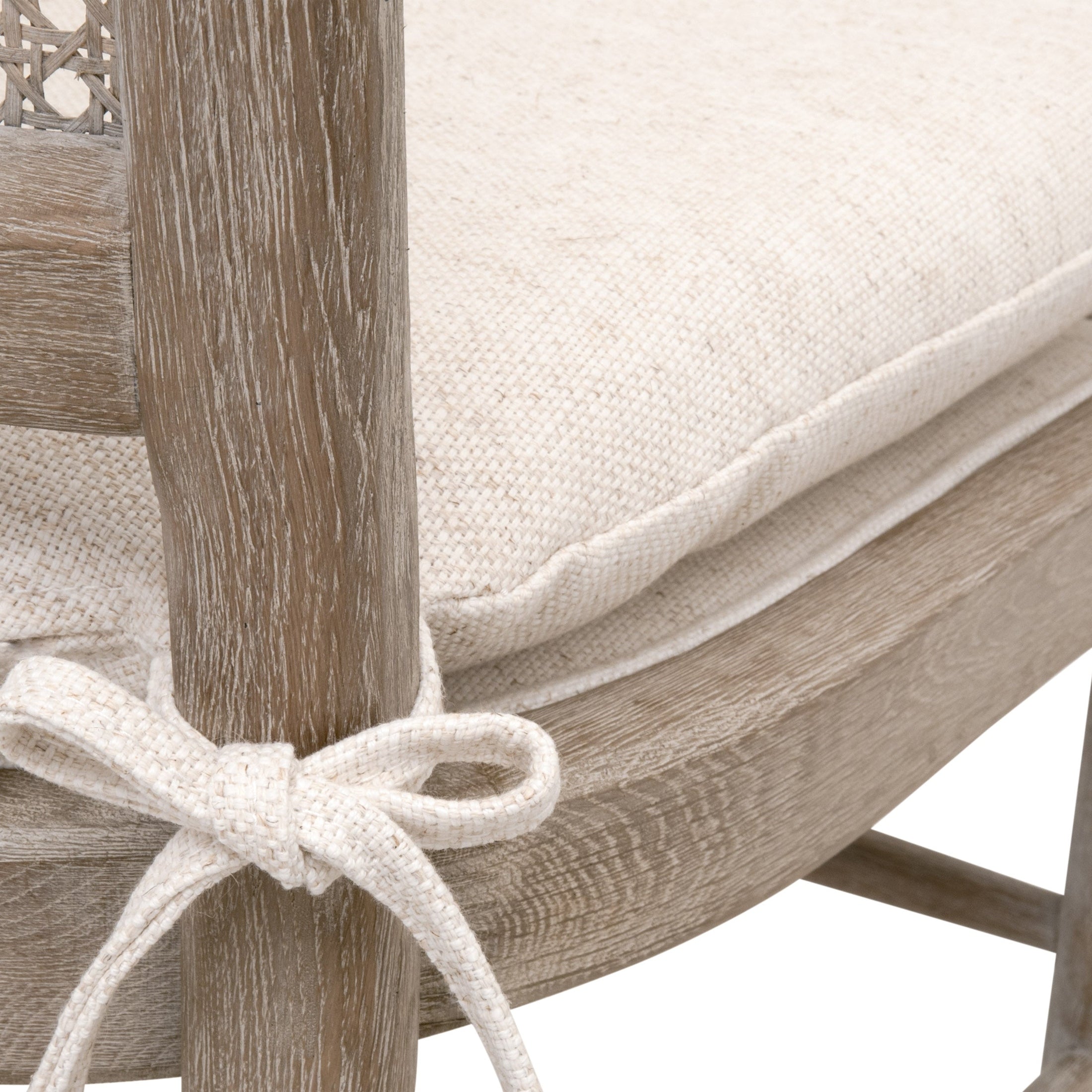 Close-up of cream linen cushioned seat with tie on natural gray oak Blume Dining Chair, Set of 2 by Essentials for Living