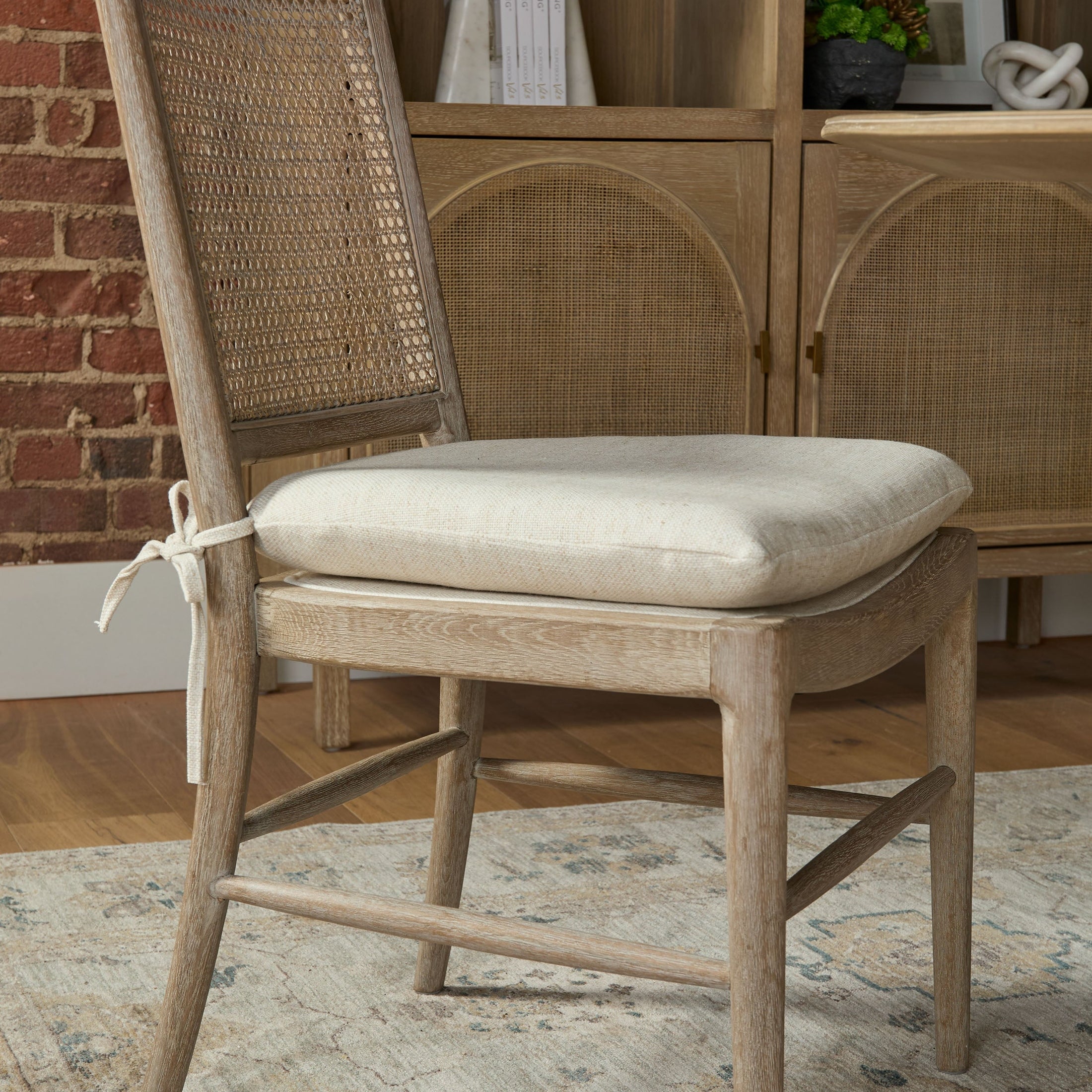 Blume Dining Chair set of 2 with cream linen seat cushion and cane back, natural gray oak frame by Essentials for Living