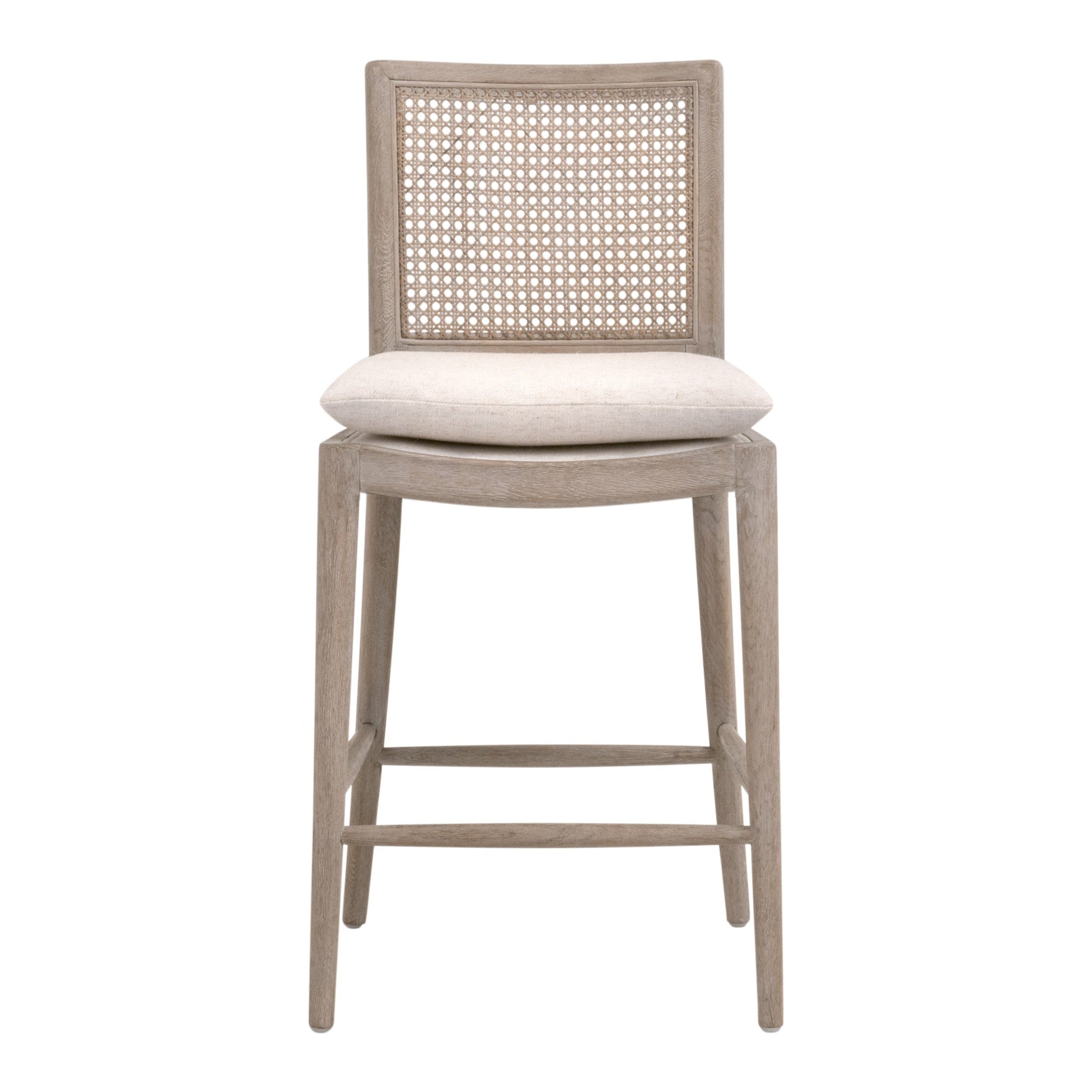 Blume Counter Stool with handwoven cane back, cream linen seat, natural gray oak frame by Your Noble Nest
