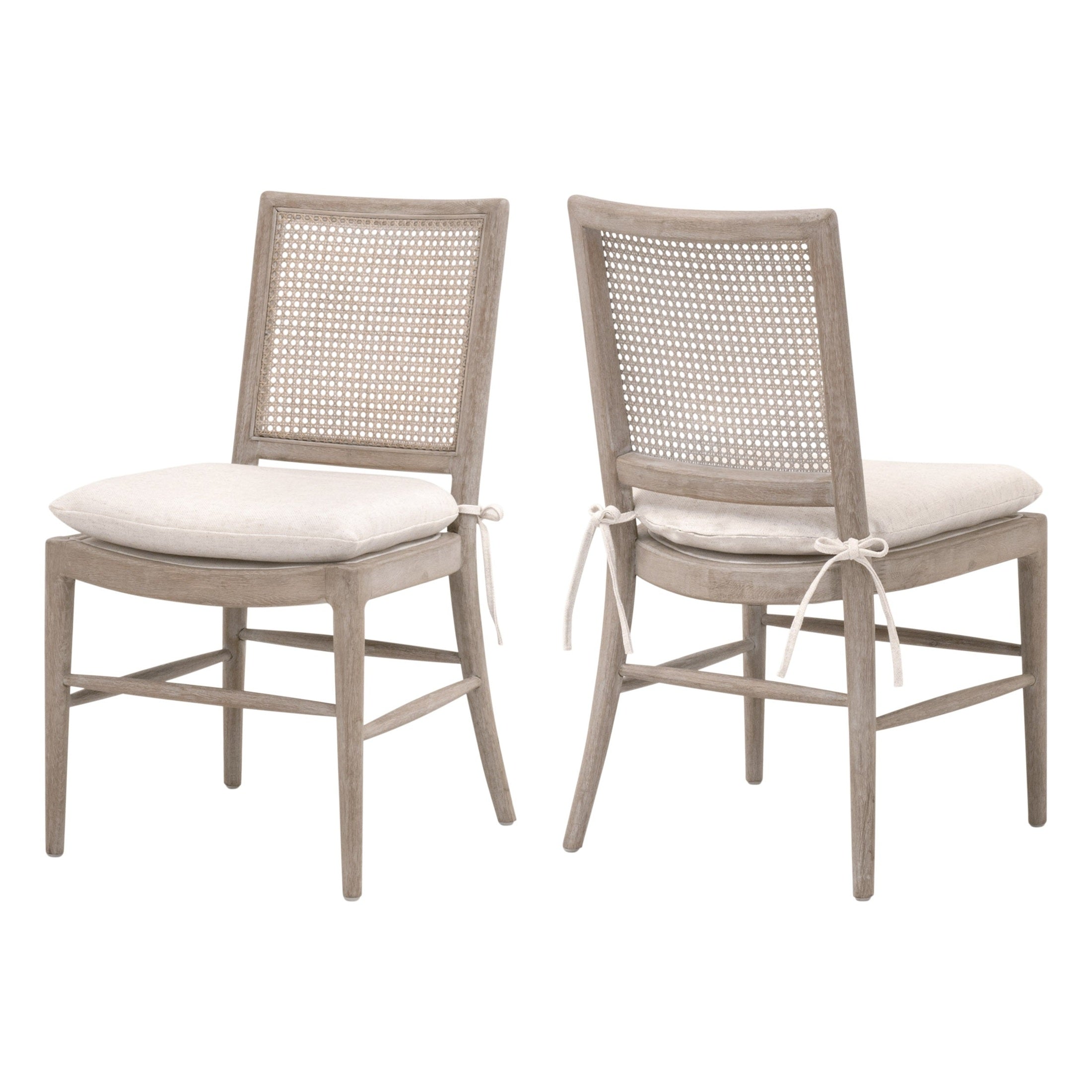 Blume Dining Chair set of 2 with natural gray oak frame, cane back, and cream linen cushions by Essentials for Living