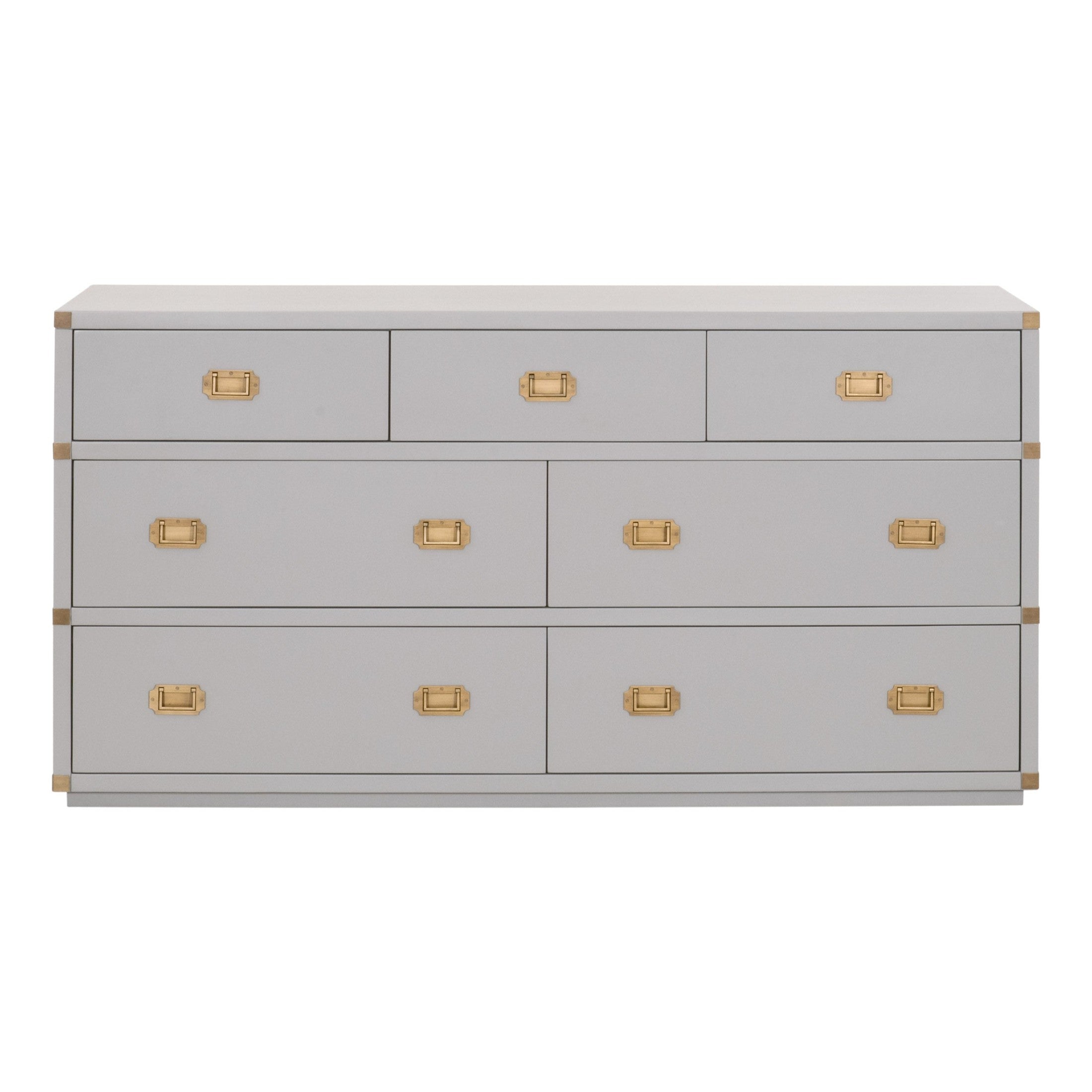 Bradley 7-Drawer Double Dresser in dove gray lacquer with brushed gold hardware by Essentials for Living
