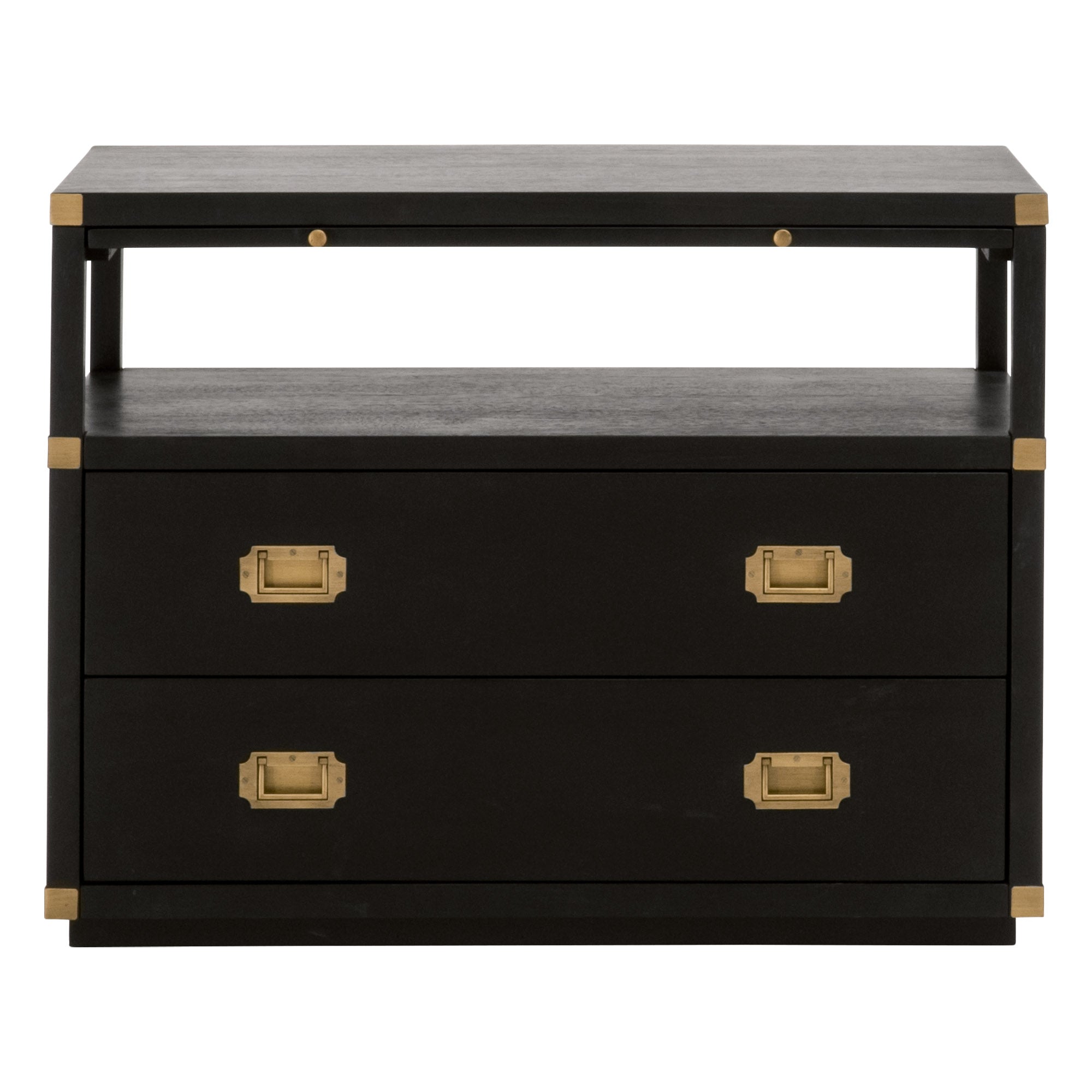 Bradley 2-Drawer Nightstand in brushed black acacia wood with gold hardware and pull-out tray by Essentials for Living