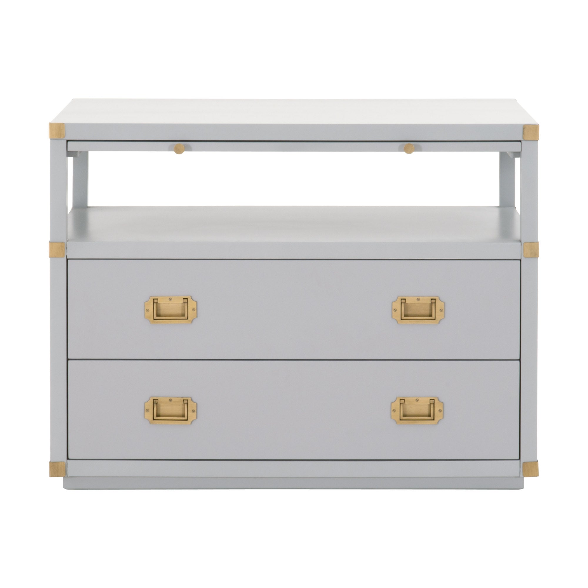Bradley 2-Drawer Nightstand in gray with gold hardware, two drawers, and open shelf by Essentials for Living