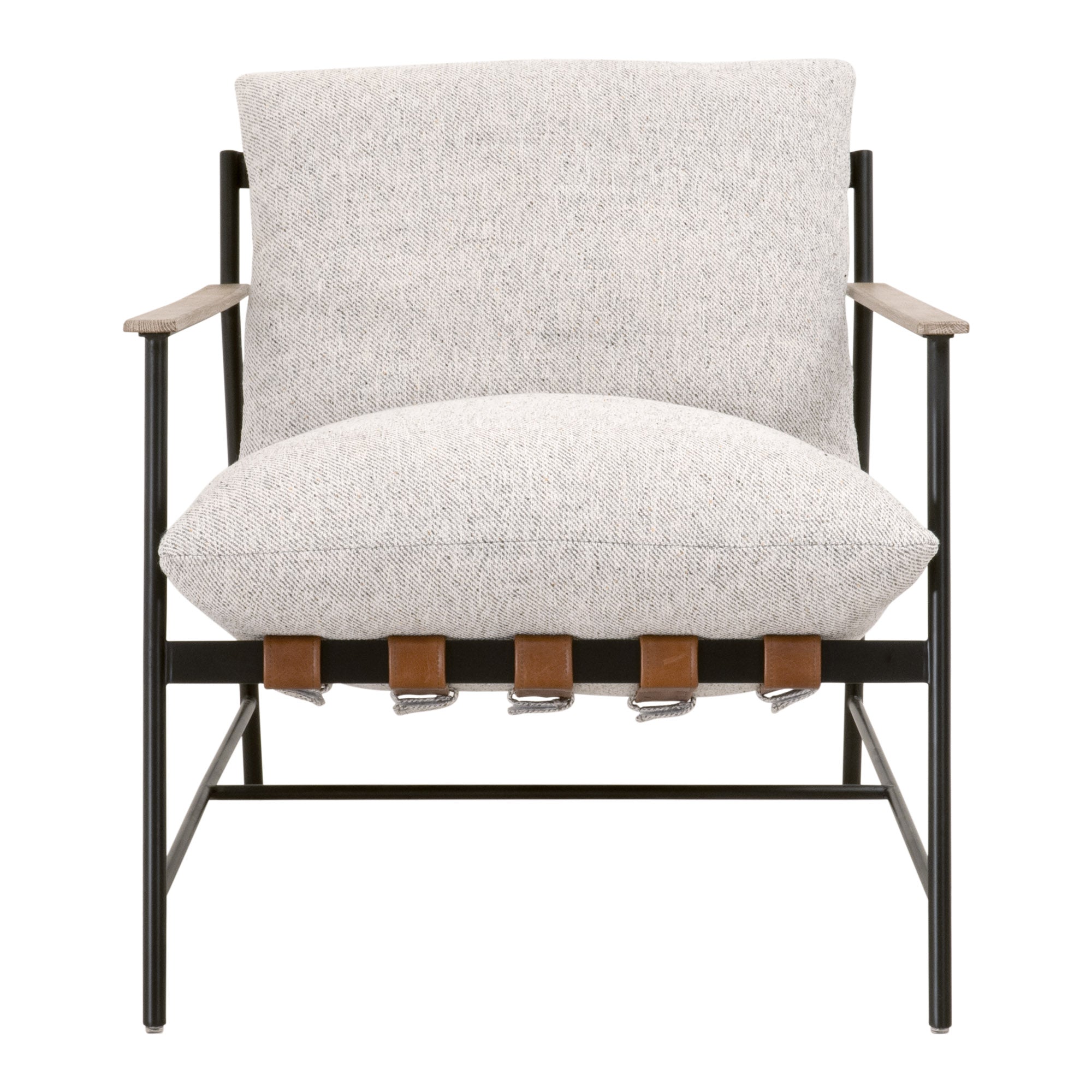Brando Club Chair with black iron frame, gray oak armrests, and cushioned fabric seat by Essentials for Living