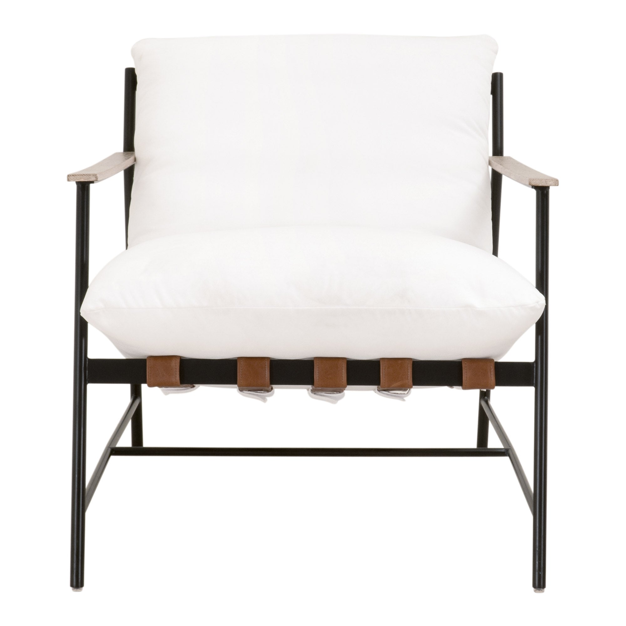 Brando Club Chair with black iron frame, gray oak armrests, and white cushions by Essentials for Living