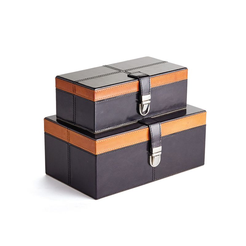 Brentwood Box Set of 2 in navy and cigar leather with polished nickel accents