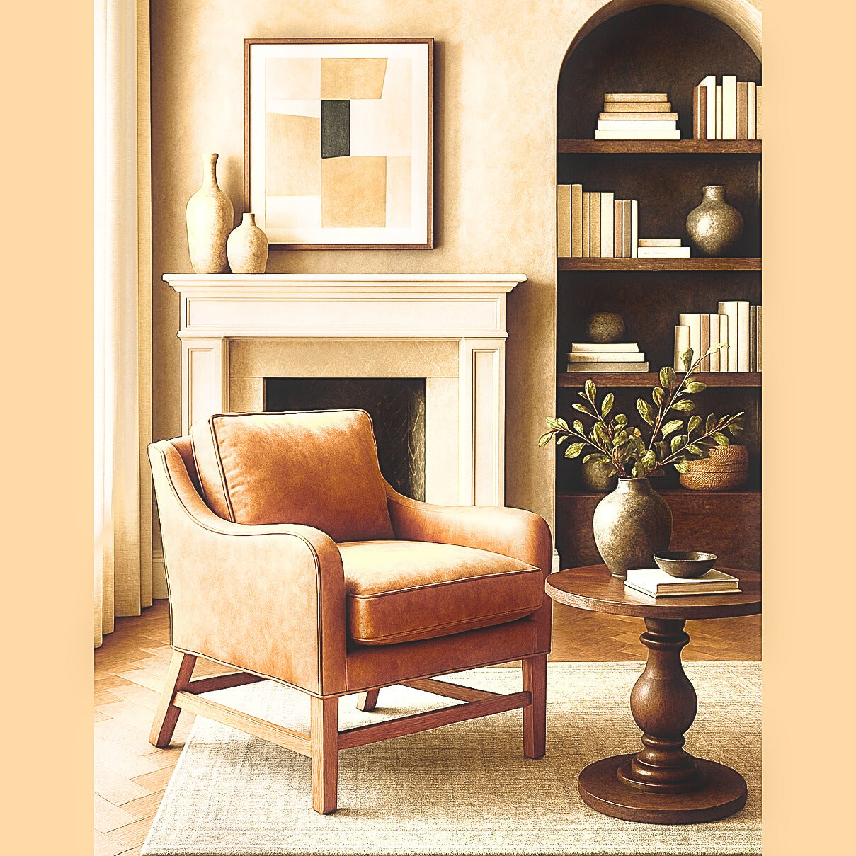 GO HOME Brewer Chair in warm tan upholstery with teakwood legs placed beside a round wooden side table in cozy living room.