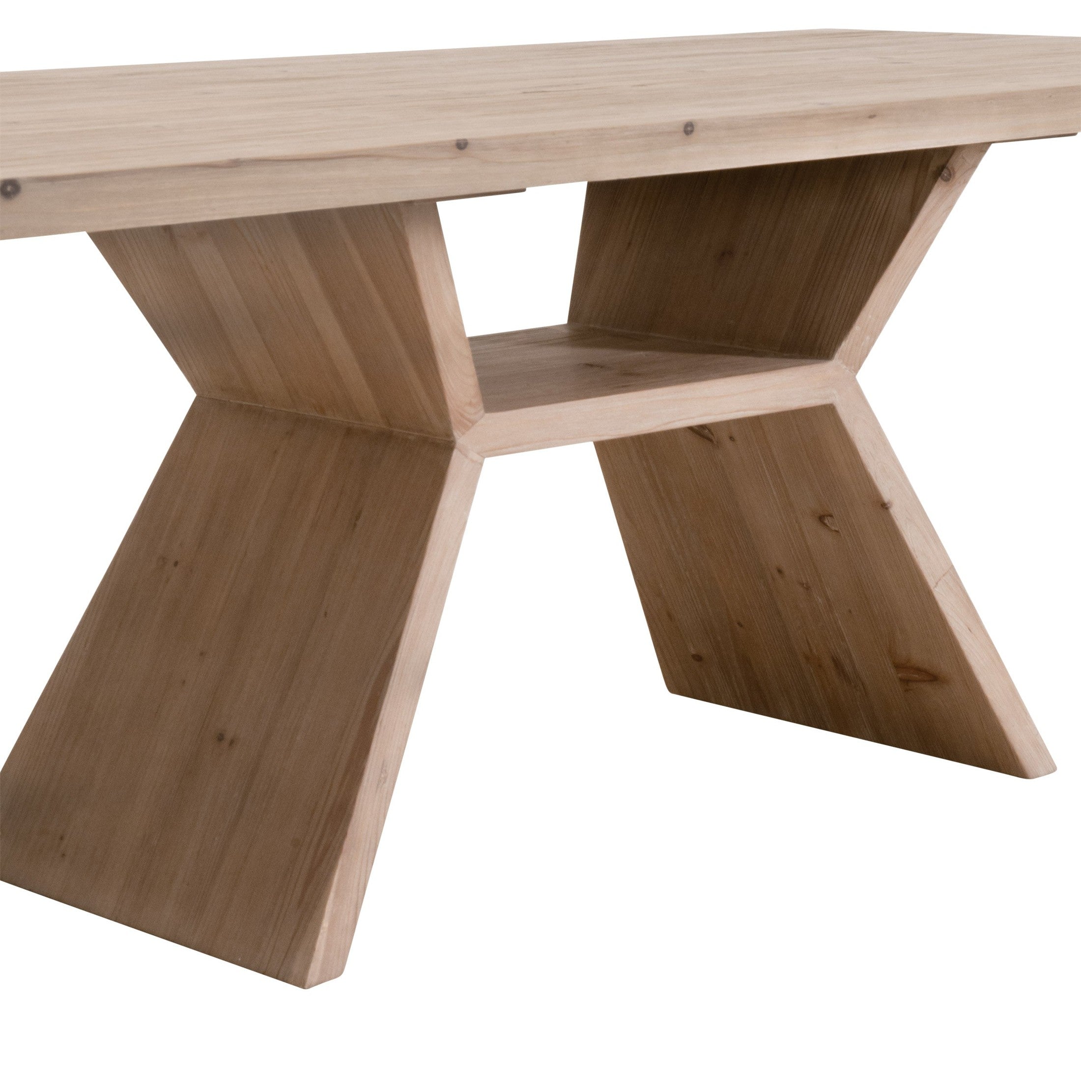 Close-up of reclaimed pine wood angular pedestal base on Bridge Dining Table by Essentials for Living