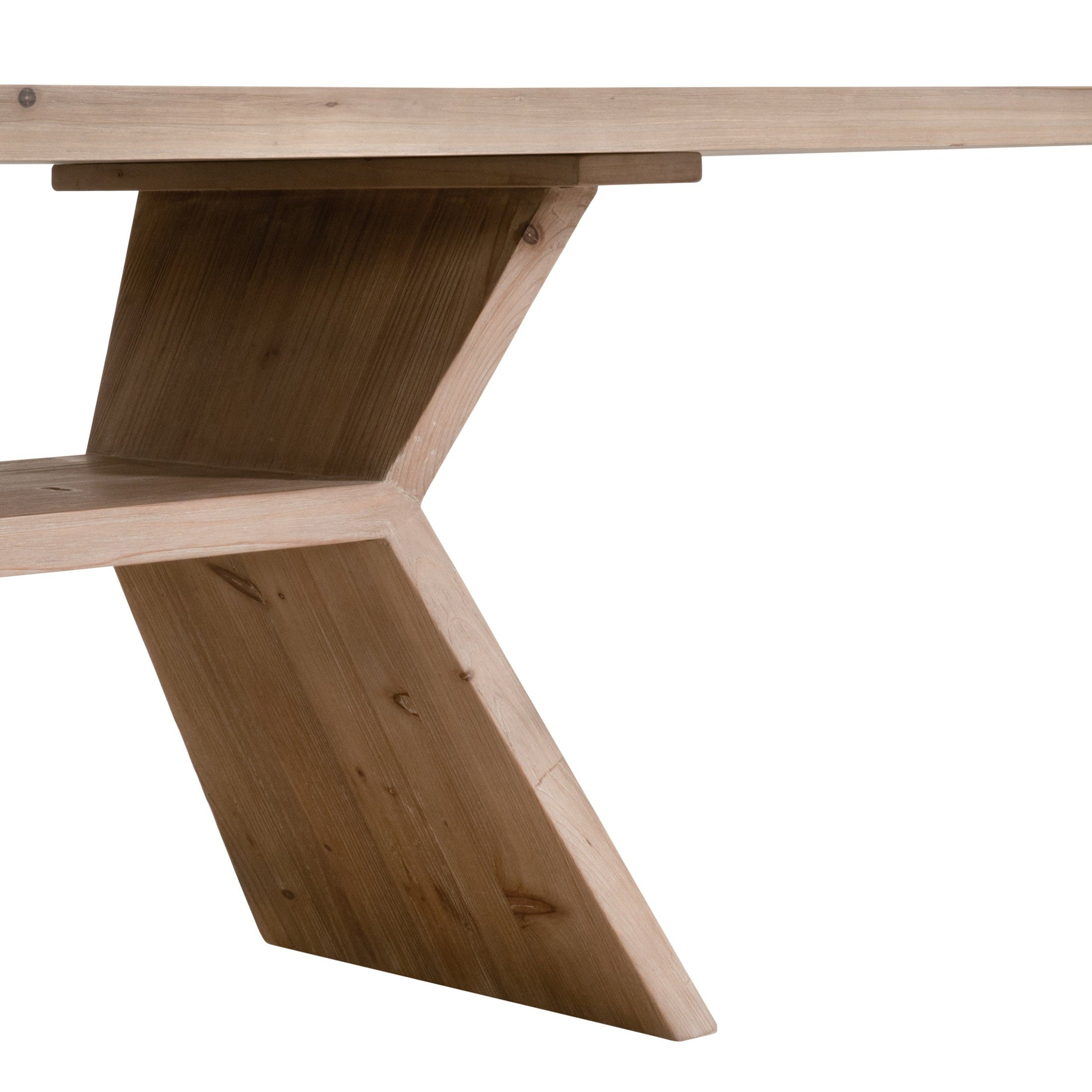 Close-up of the angular pedestal base of the Bridge Dining Table in reclaimed pine by Essentials for Living
