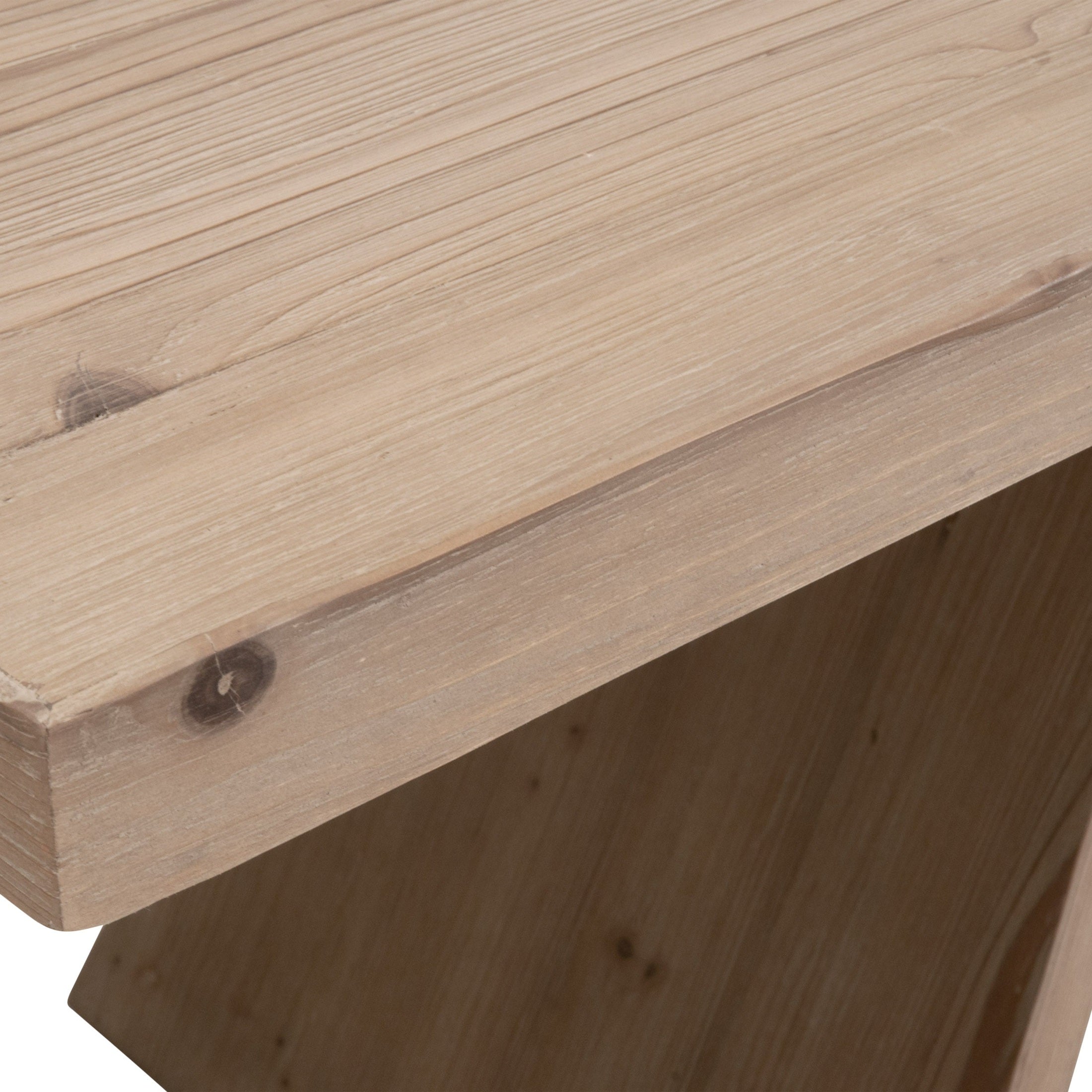 Close-up of smoke gray reclaimed pine wood tabletop and angular pedestal base of Bridge Dining Table by Essentials for Living