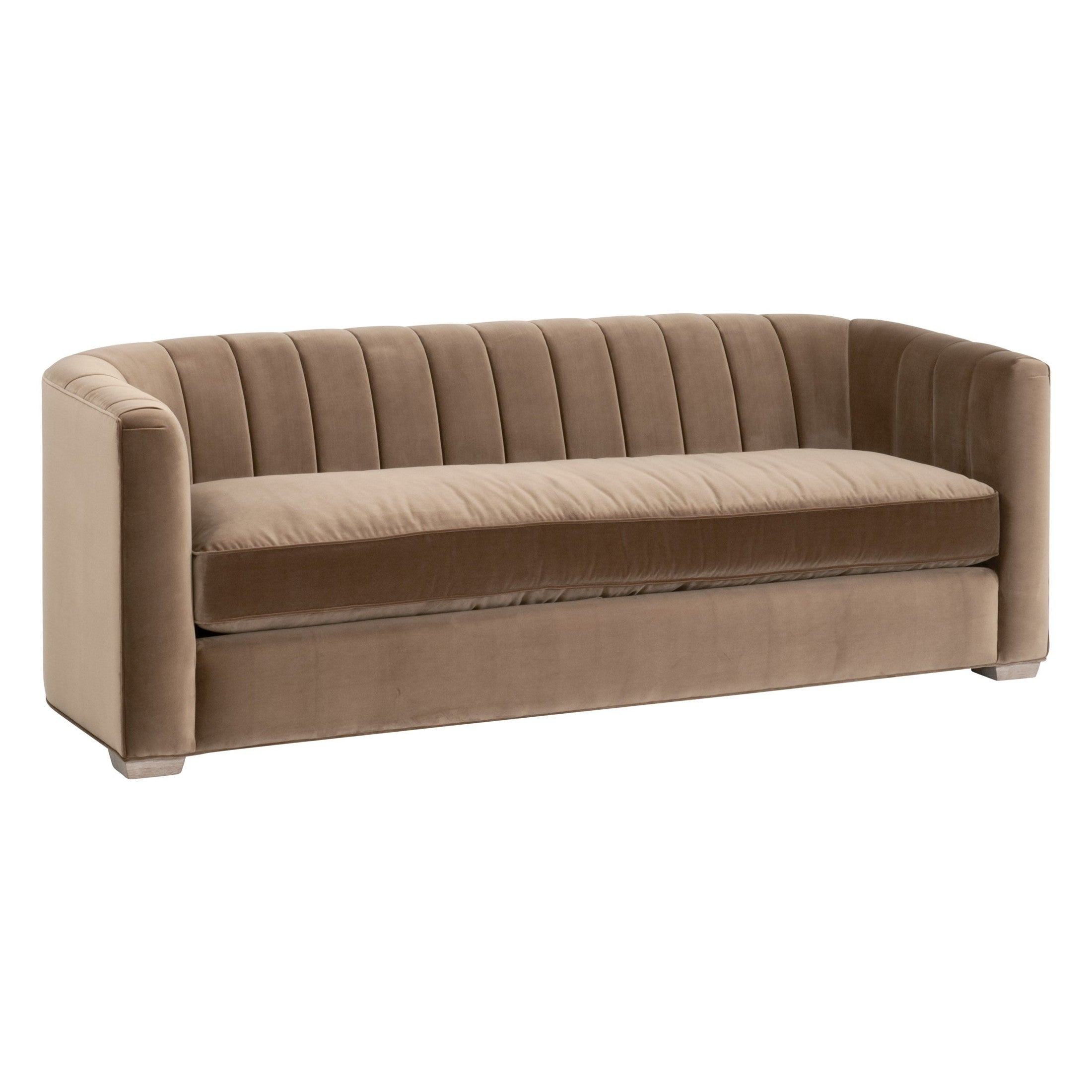 Bronx 87 Channel Back Sofa in caramel velvet with vertical channel stitching and natural oak feet by Essentials for Living