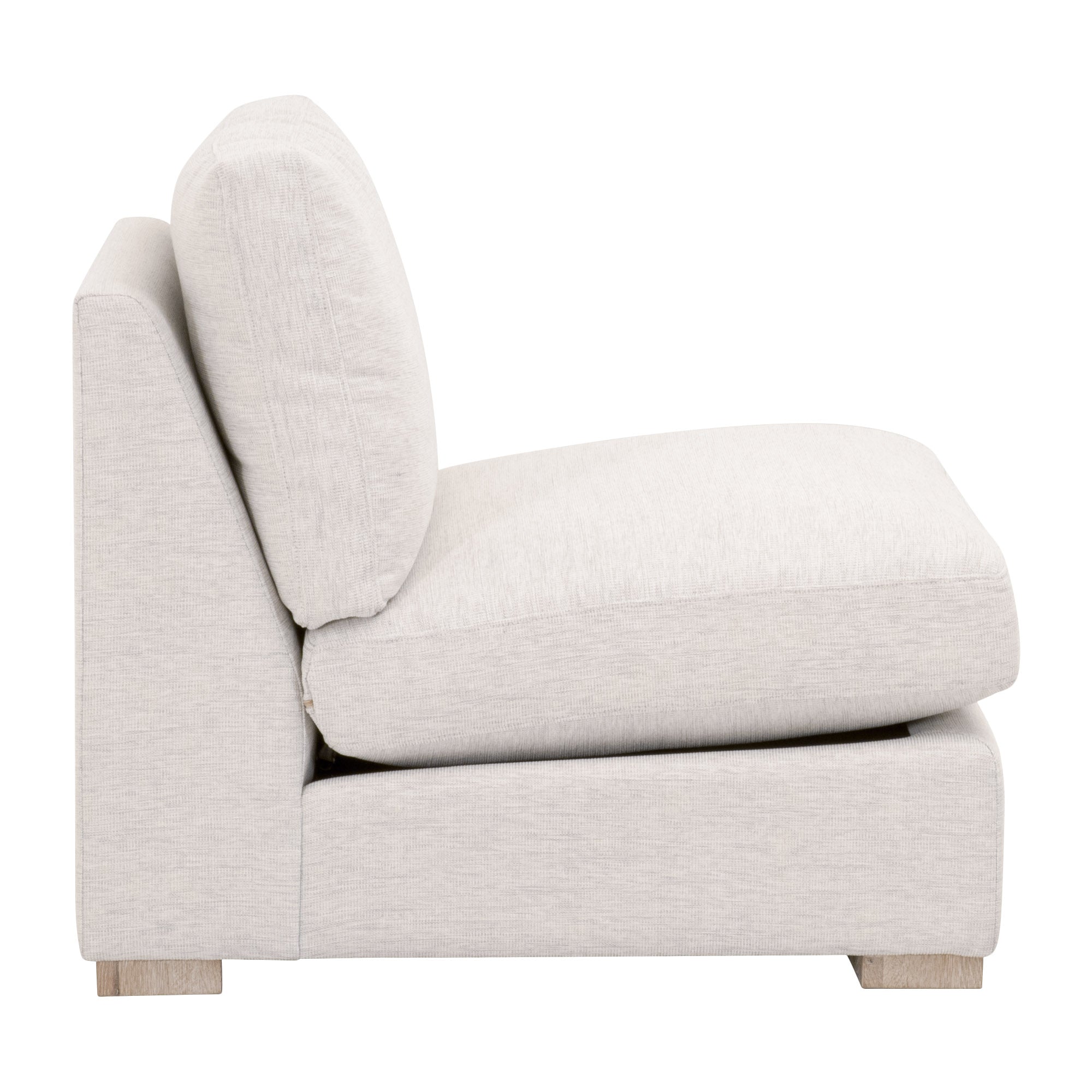 Side view of Essentials For Living Clara Modular 1-Seat Armless Chair in light gray and white fabric