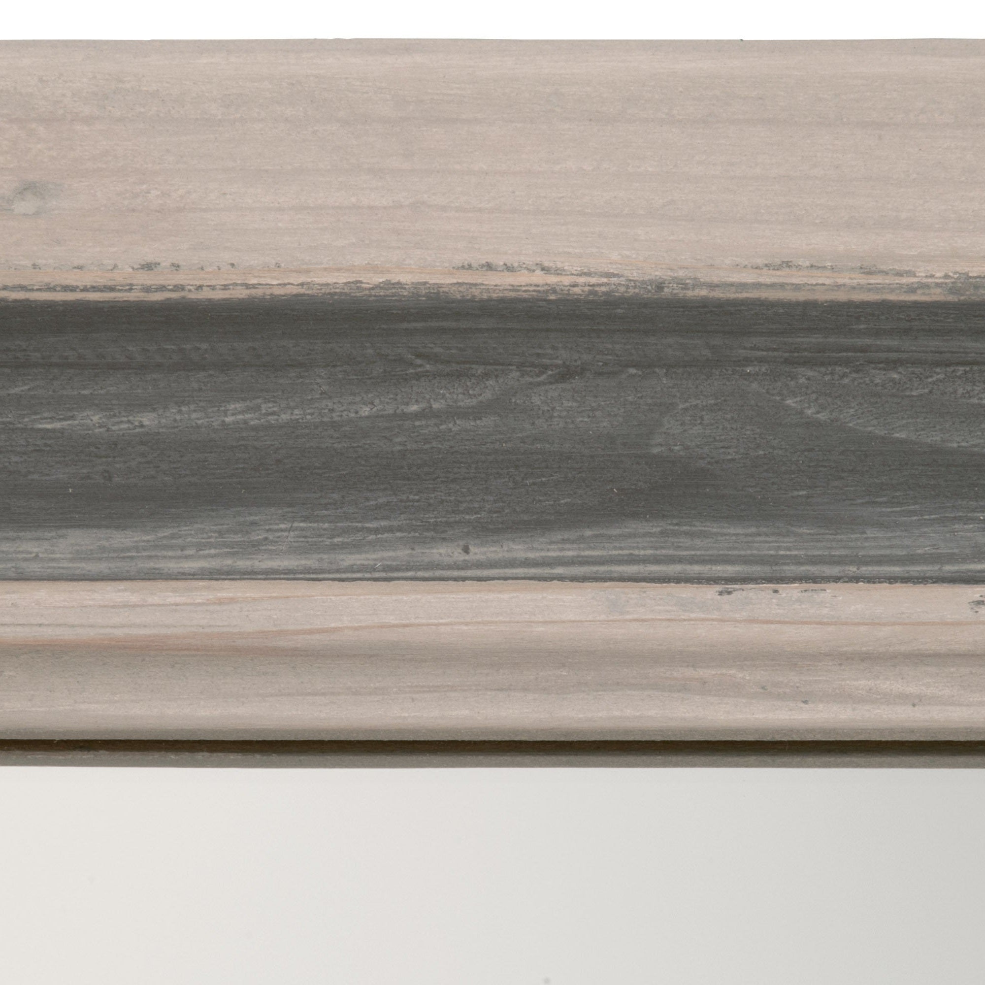 Close-up of the two-tone cream and gray reclaimed wood frame of the Caden Mirror by Essentials for Living