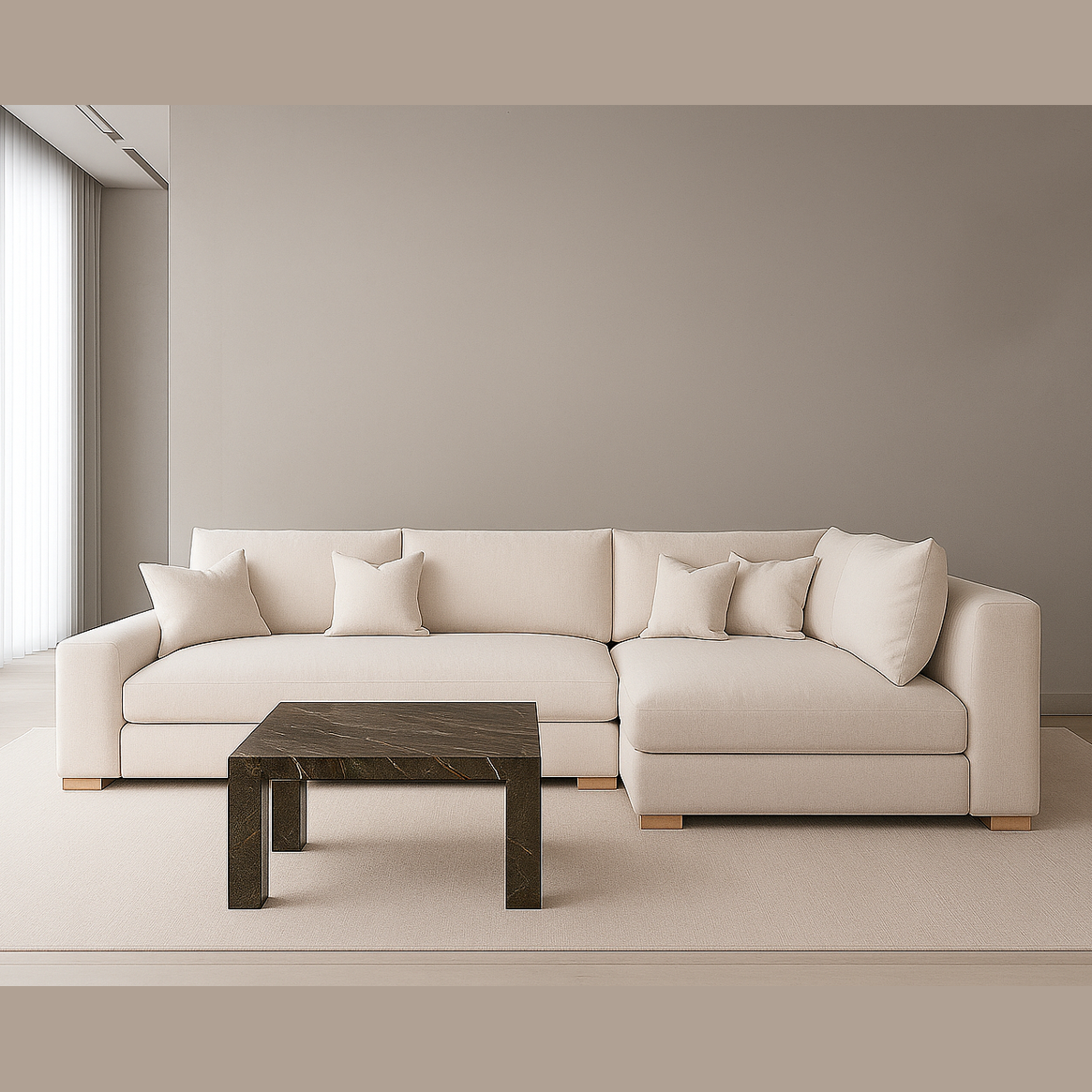 California Sectional Chaise in beige custom upholstery with teakwood legs in modern living room by GO HOME