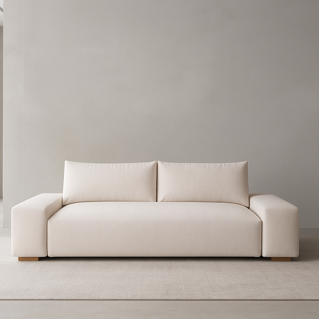 California Sofa – 100" in beige custom upholstery with teakwood legs, clean-lined design by GO HOME