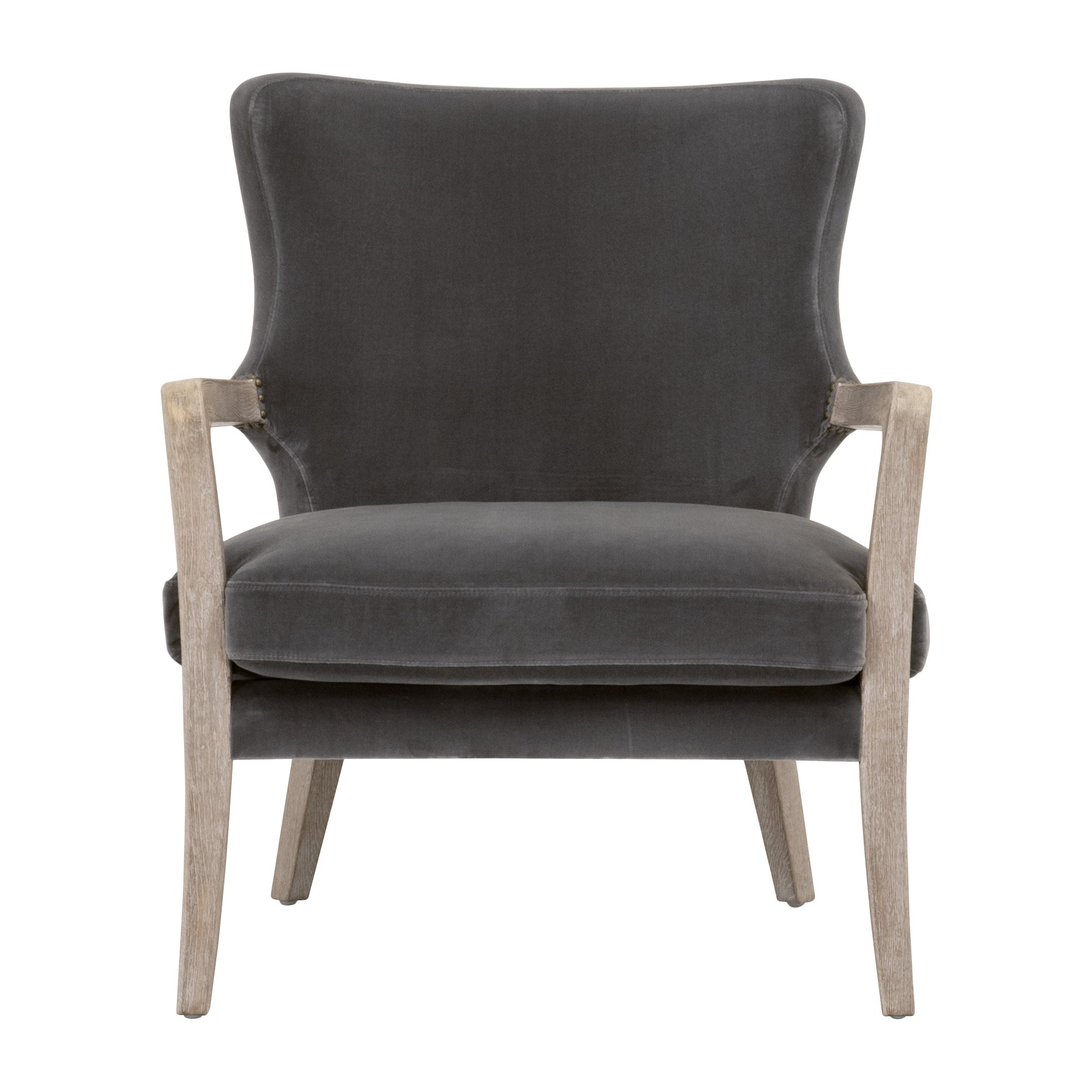 Dark gray velvet Calvin Club Chair with natural oak arms, curved wingback, by Essentials for Living