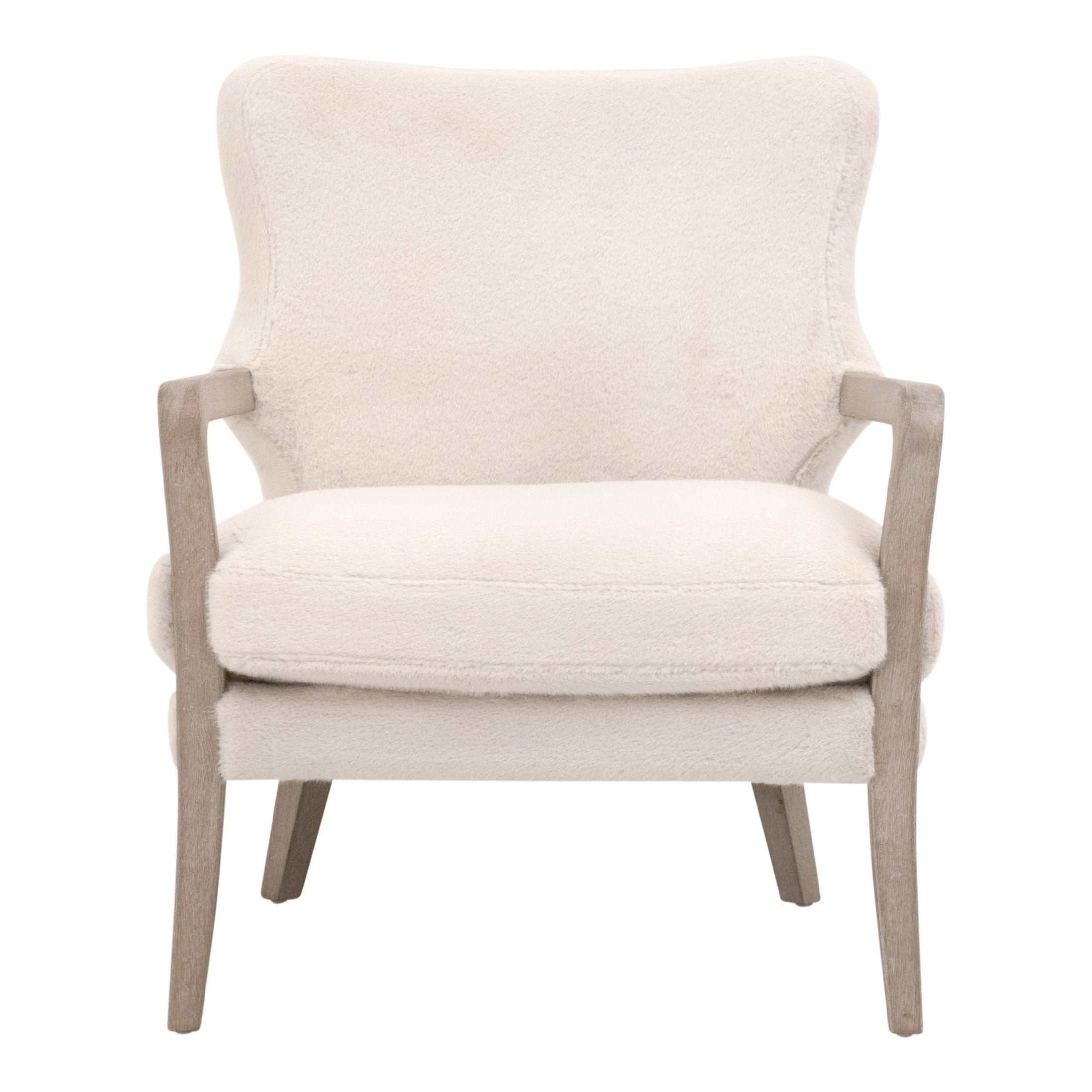 Calvin Club Chair in cream fabric with natural wood arms, elegant curved design by Essentials for Living