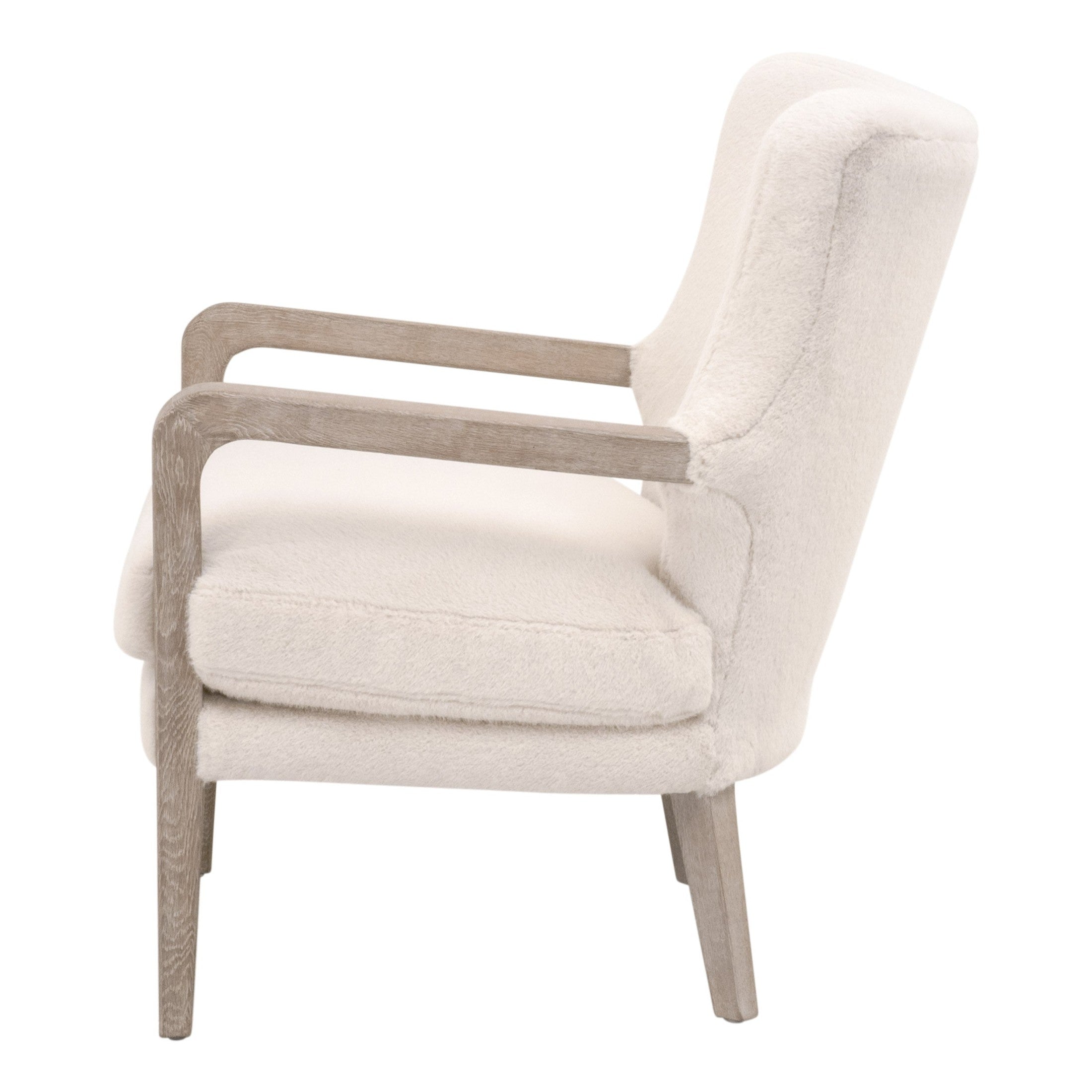 Calvin Club Chair in cream fabric with wooden arms, modern wingback design by Essentials for Living.