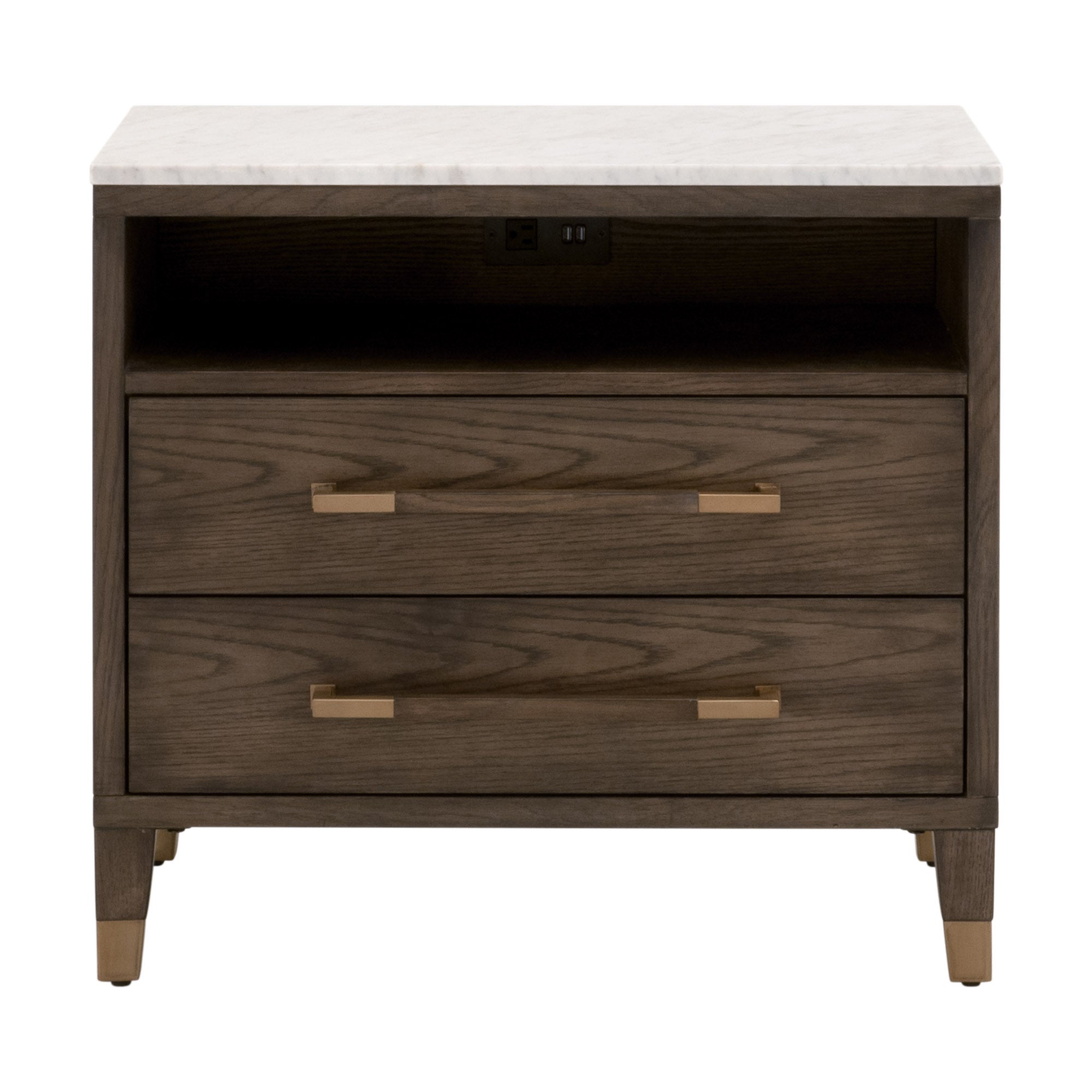 Cambria 2-Drawer Nightstand with marble top, oak wood, brass handles, USB ports, by Essentials for Living