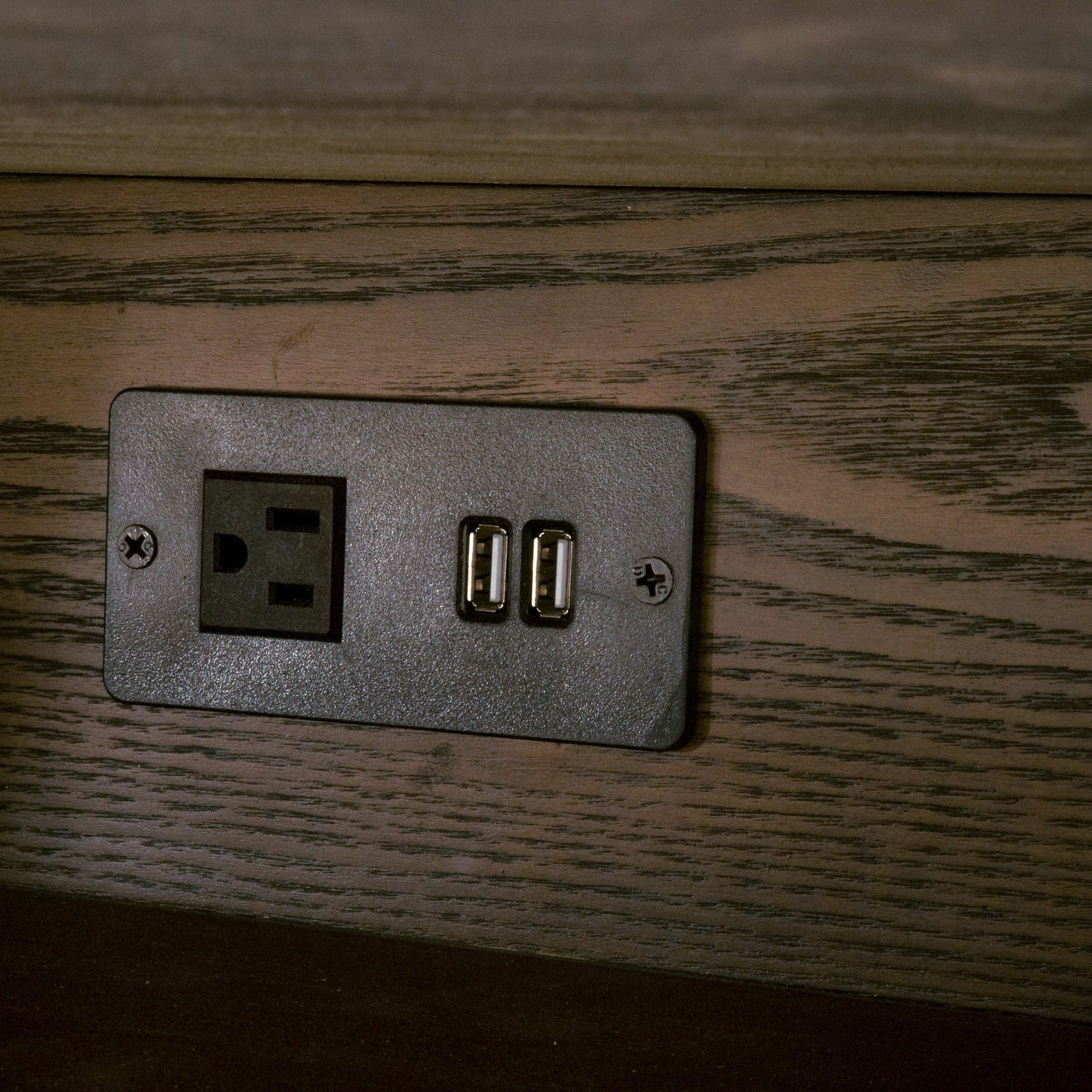 Built-in power outlet and dual USB ports on the Cambria 2-Drawer Nightstand by Essentials for Living