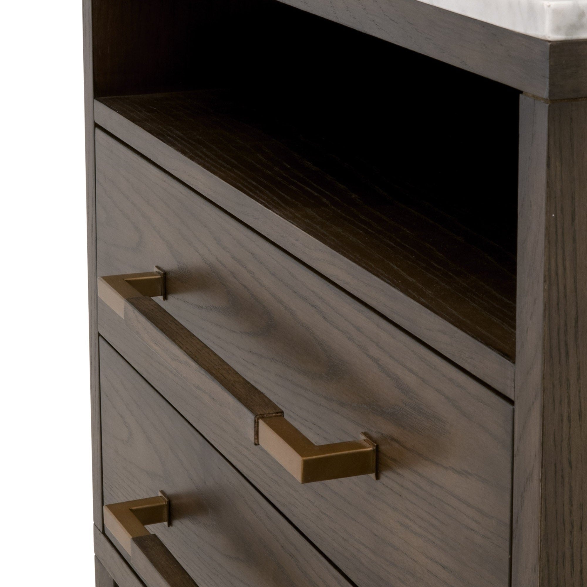 Close-up of Cambria 2-Drawer Nightstand with aged brass handles and wood grain by Essentials for Living