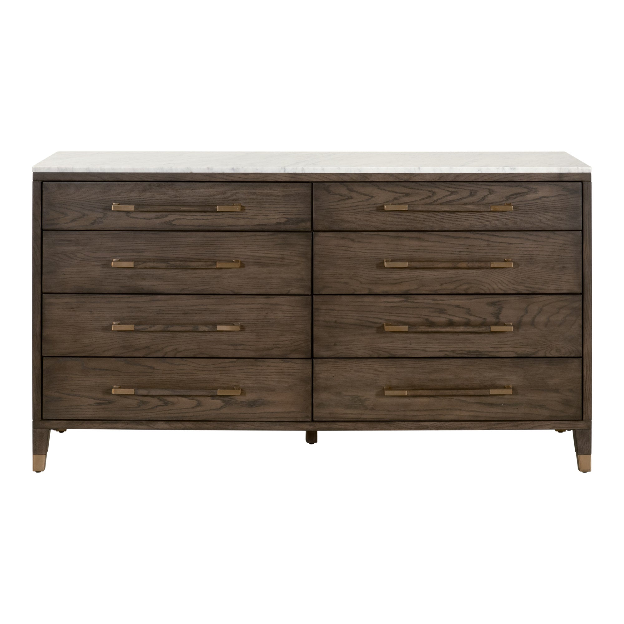 Cambria 8-Drawer Double Dresser with Bianco marble top and brass pulls, Dutch brown oak by Essentials for Living