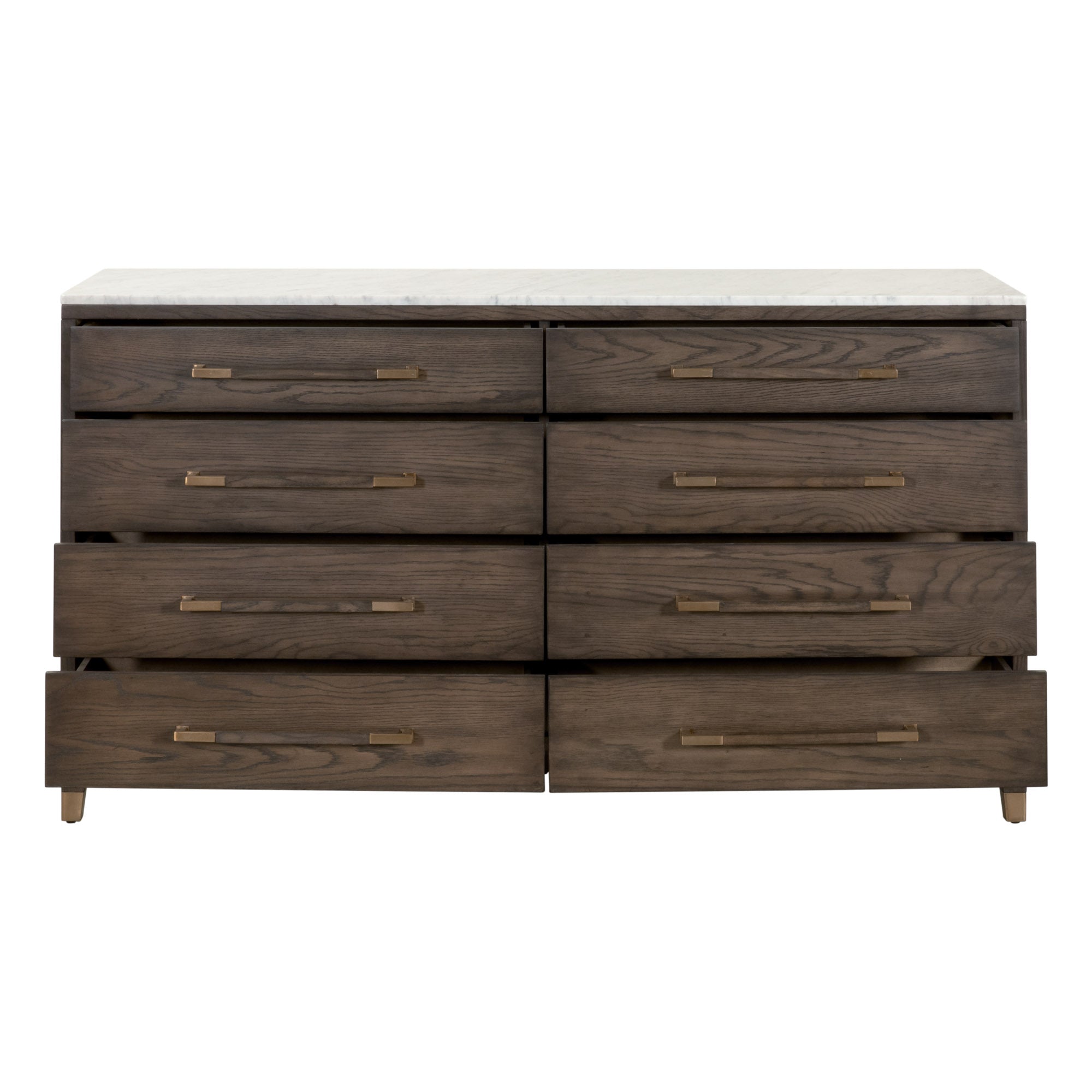 Cambria 8-Drawer Double Dresser in Dutch brown oak with Bianco marble top and brass pulls by Essentials for Living